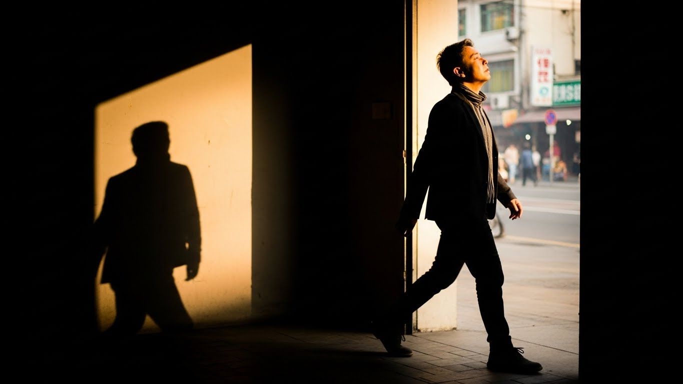 Homem caminhando para fora de um corredor escuro em direção à luz da rua, deixando sua sombra para trás, simbolizando transformação e início de um novo caminho.