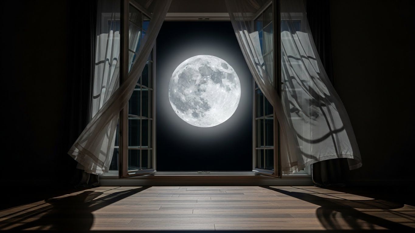 Janela aberta com cortinas esvoaçantes revelando a superlua brilhante no céu noturno.