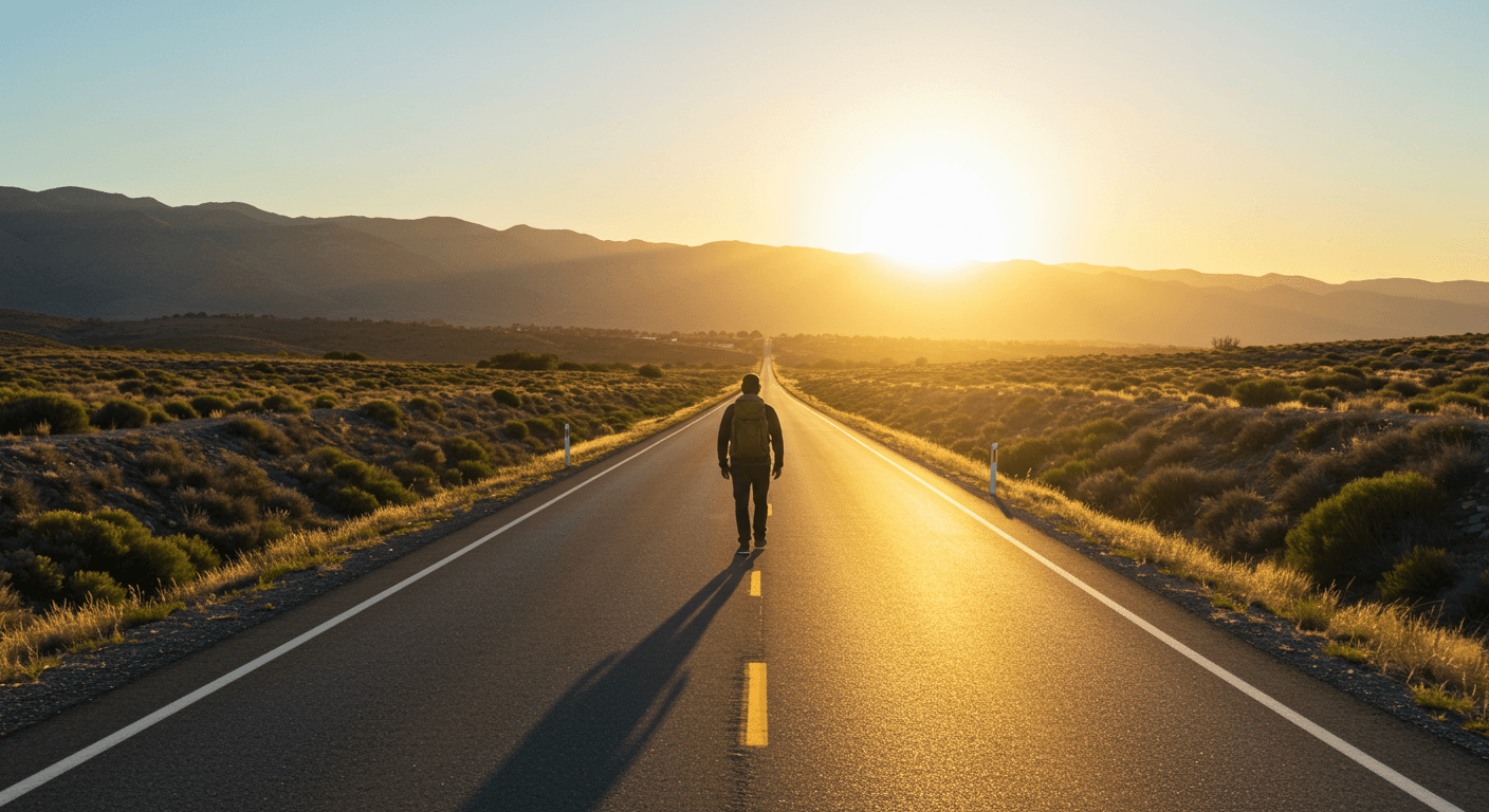 Pessoa caminhando sozinha em estrada ao nascer do sol, rumo às montanhas, simbolizando novos começos, clareza e determinação.