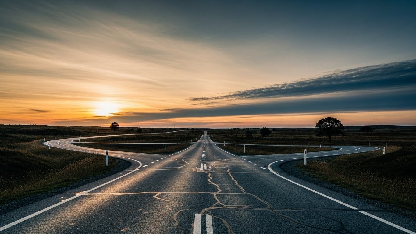 Estrada com múltiplas bifurcações ao pôr do sol em uma paisagem aberta, simbolizando escolhas, caminhos possíveis e decisões para o novo ano.