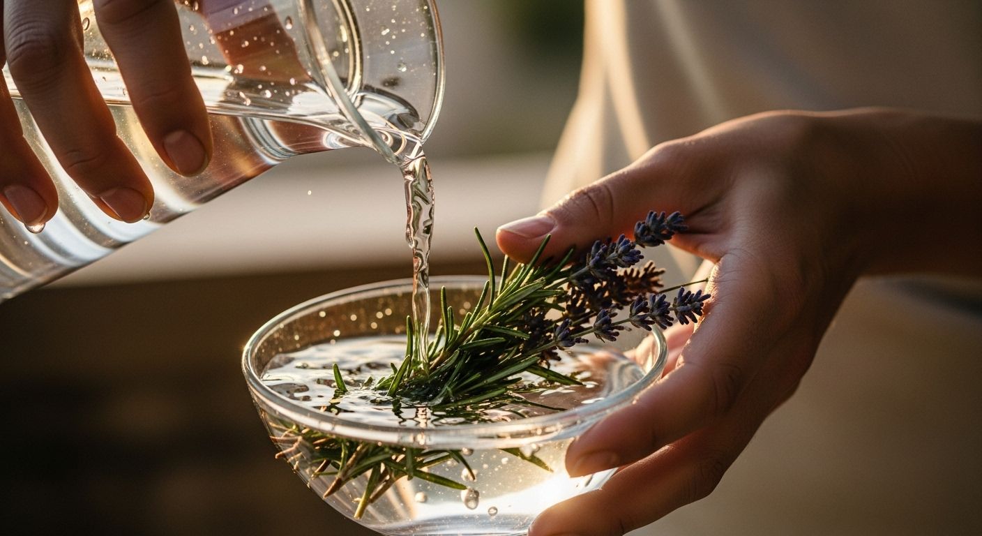 Mãos preparando um ritual simples com água, alecrim e lavanda em uma tigela de vidro iluminada pela luz do sol.