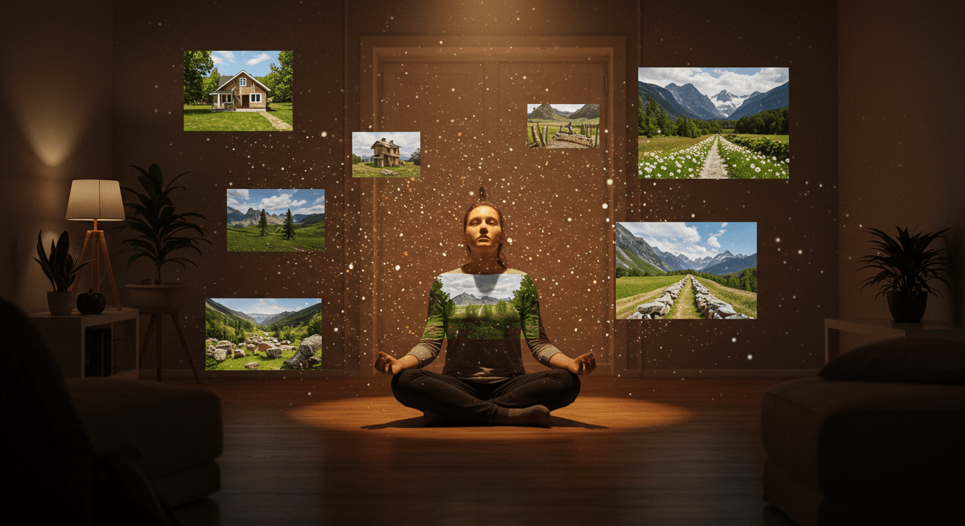 Pessoa em meditação dentro de casa, cercada por imagens projetadas de natureza e abundância, simbolizando visualização holográfica no cotidiano. Pessoa em meditação dentro de casa, cercada por imagens projetadas de natureza e abundância, simbolizando visualização holográfica no cotidiano.