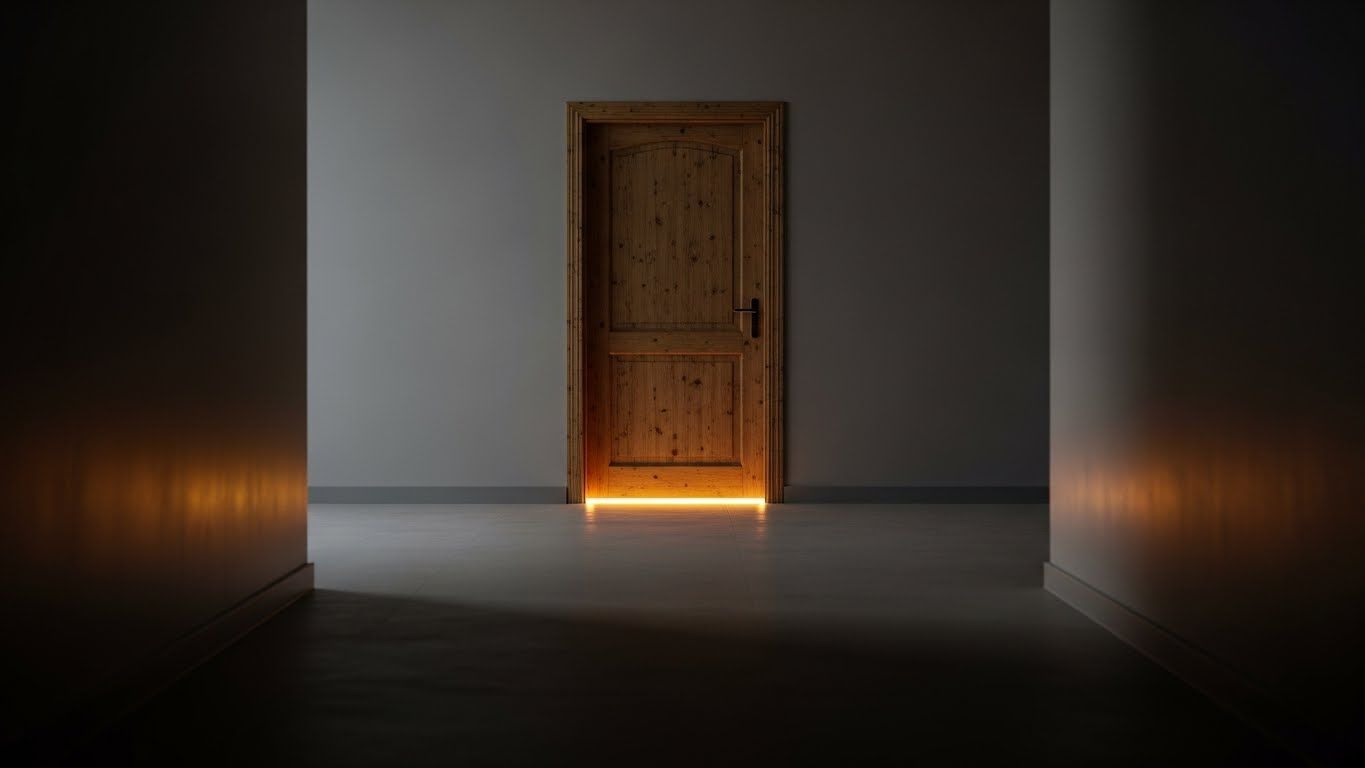 Porta fechada em um corredor com luz escapando por baixo, simbolizando fases de estagnação, limites internos e a possibilidade de novos caminhos surgirem.