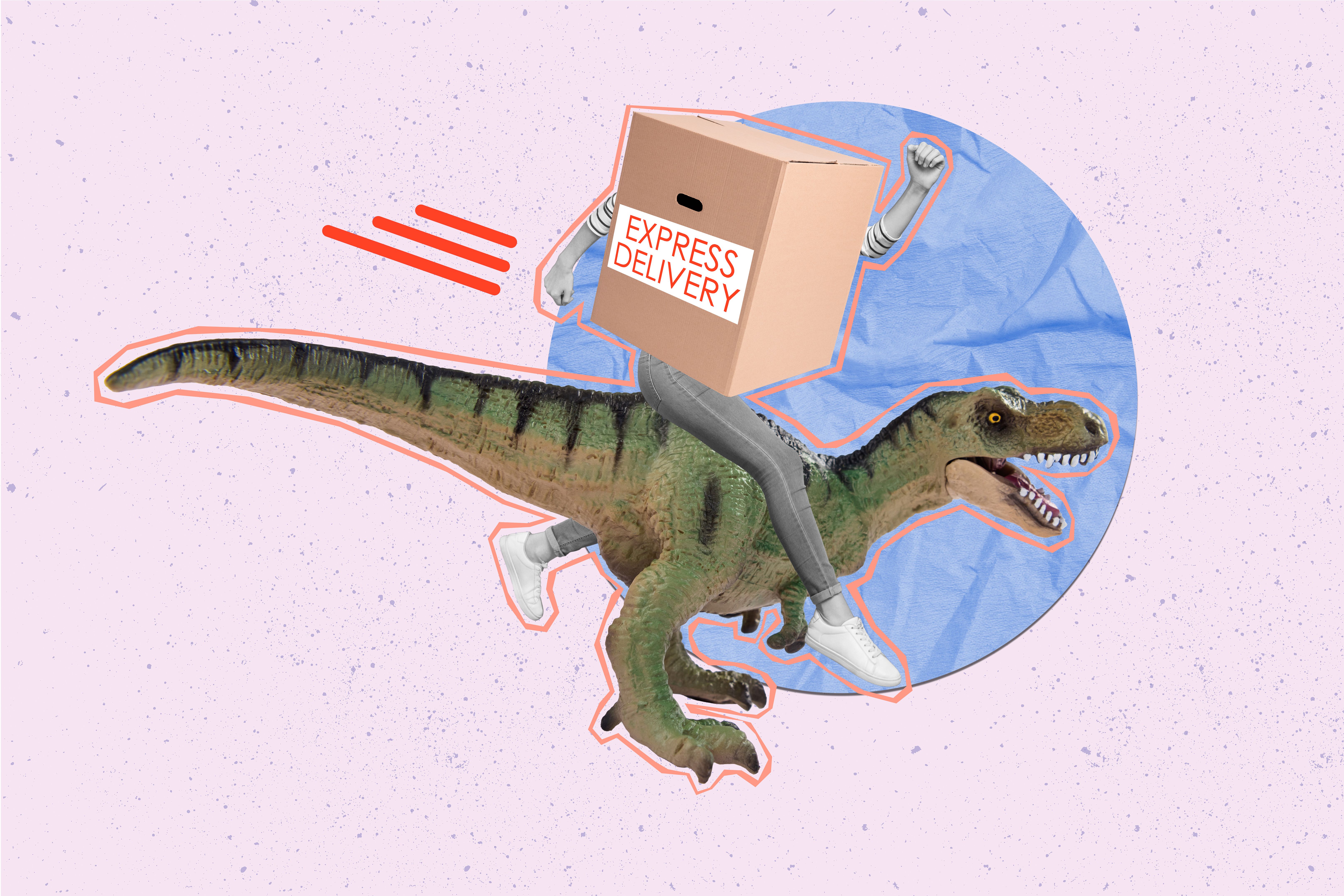 Sketch image trend artwork composite 3D photo collage of silhouette bodyless box instead fast express delivery staff run on dinosaur