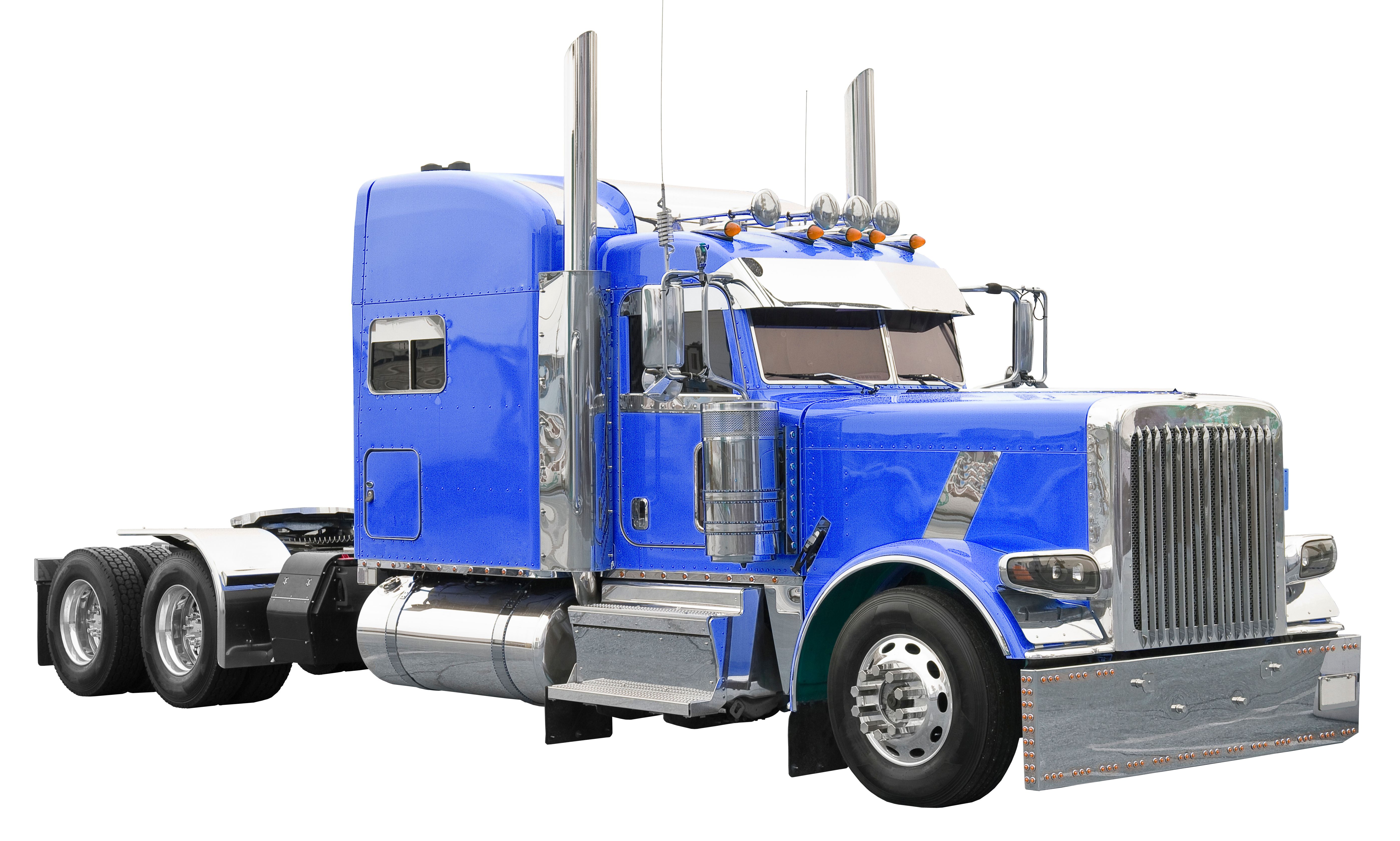 New and shiny traditional american truck isolated on white for easy selection with colored sheet metal and stainless steel bodywork - blue color - any writing or branding has been removed