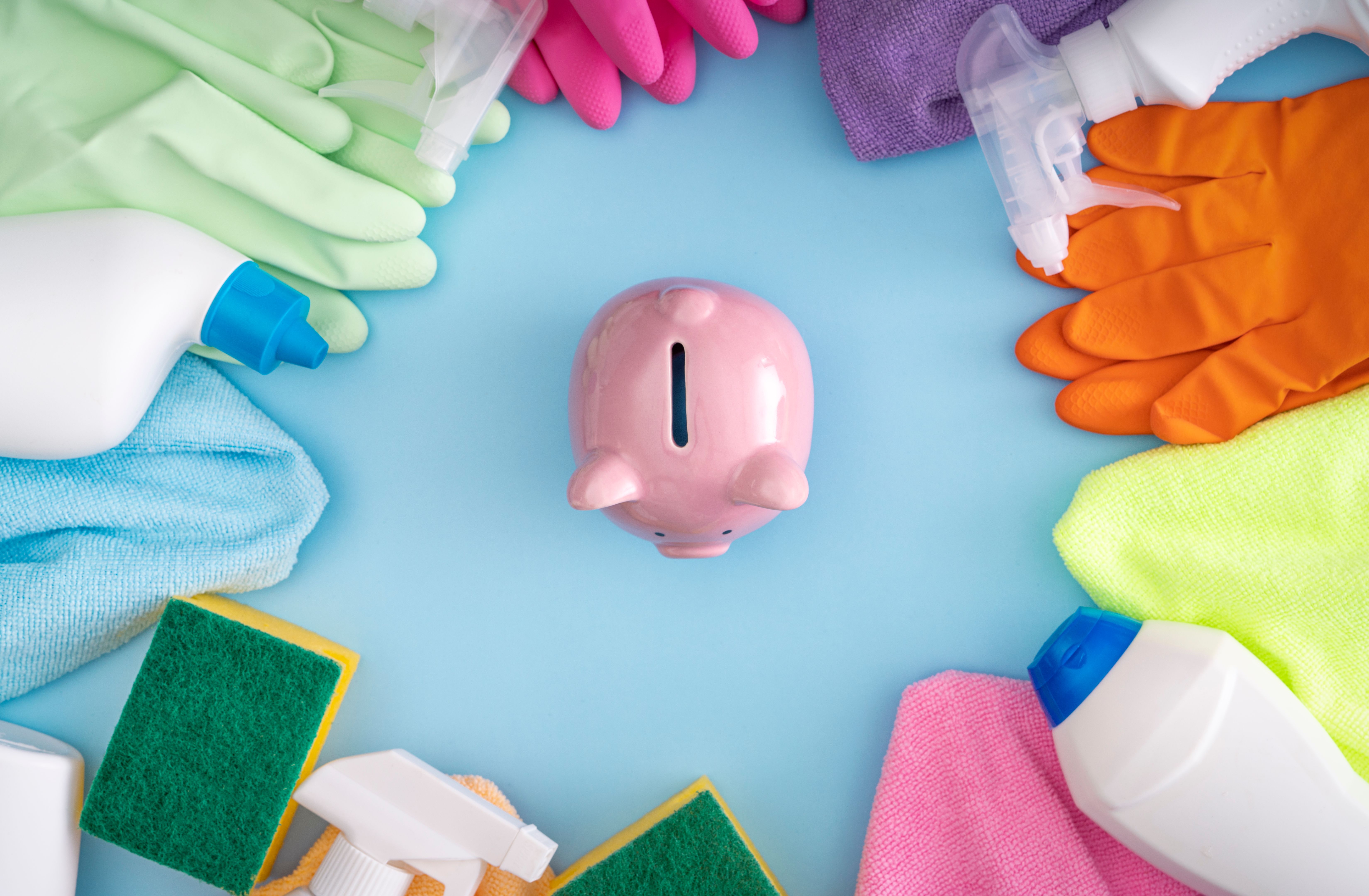 Cleaning products background, detergent bottles and tools