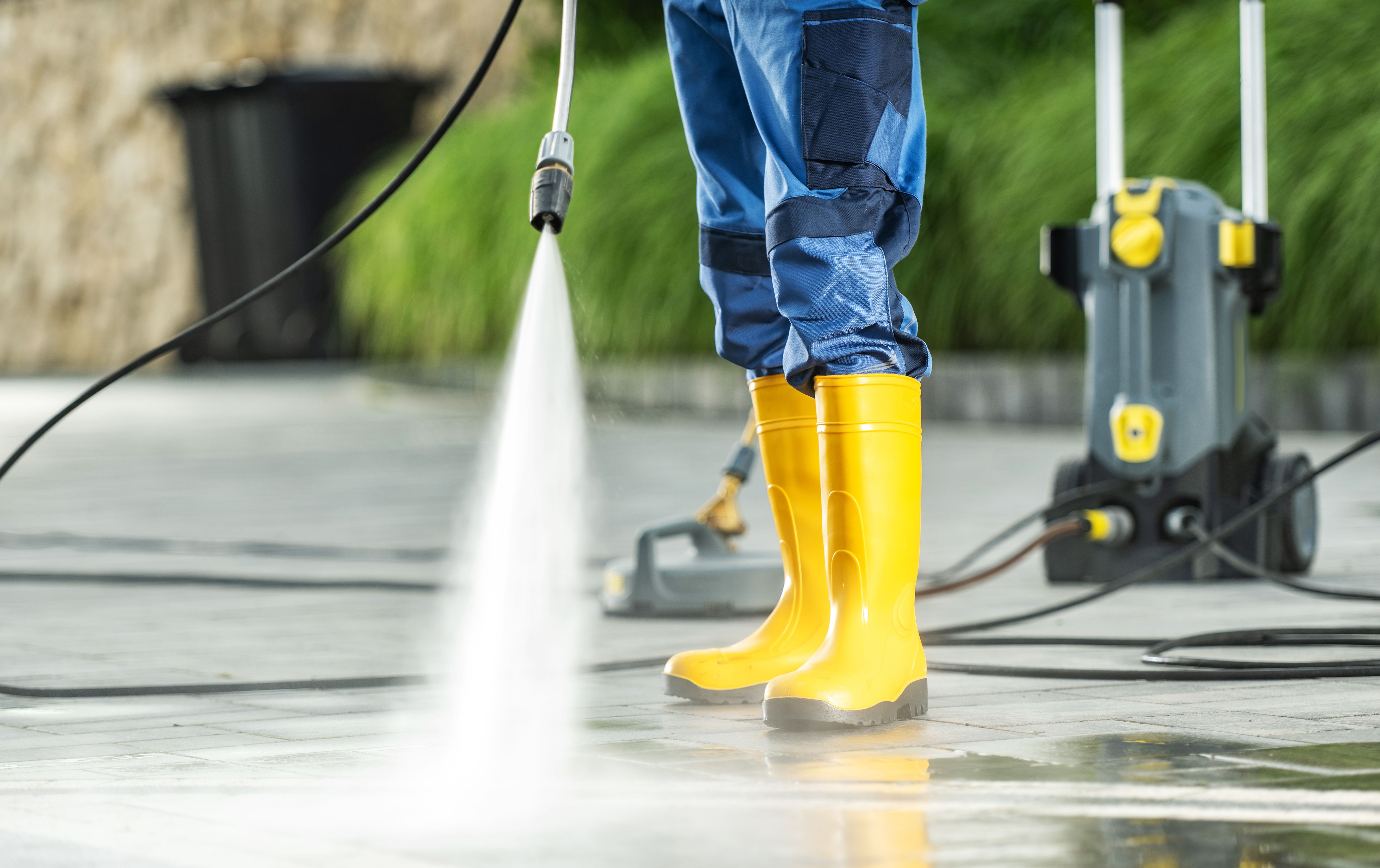 man using pressure washer