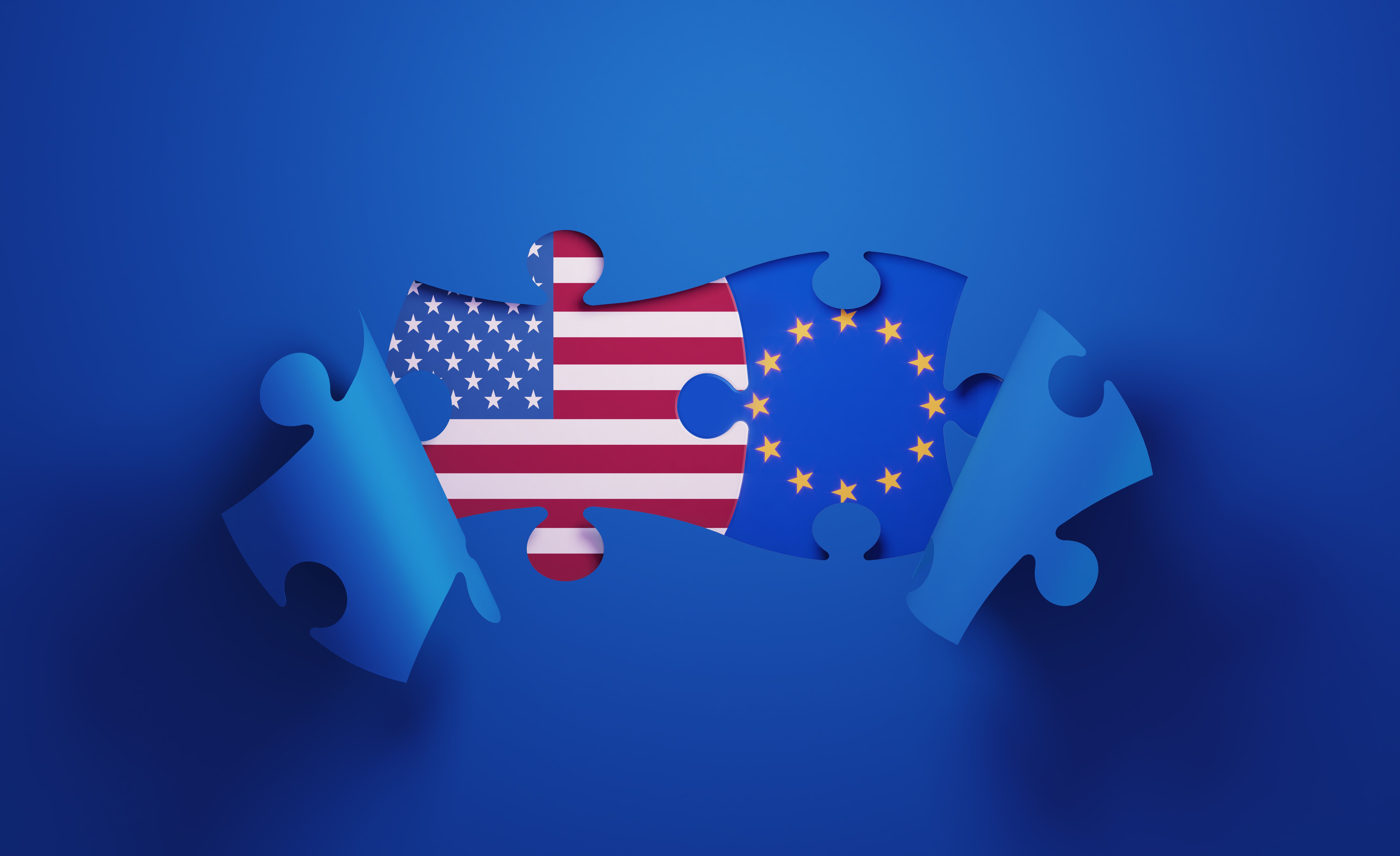 Jigsaw Puzzle Pieces Textured With American and European Union Flags