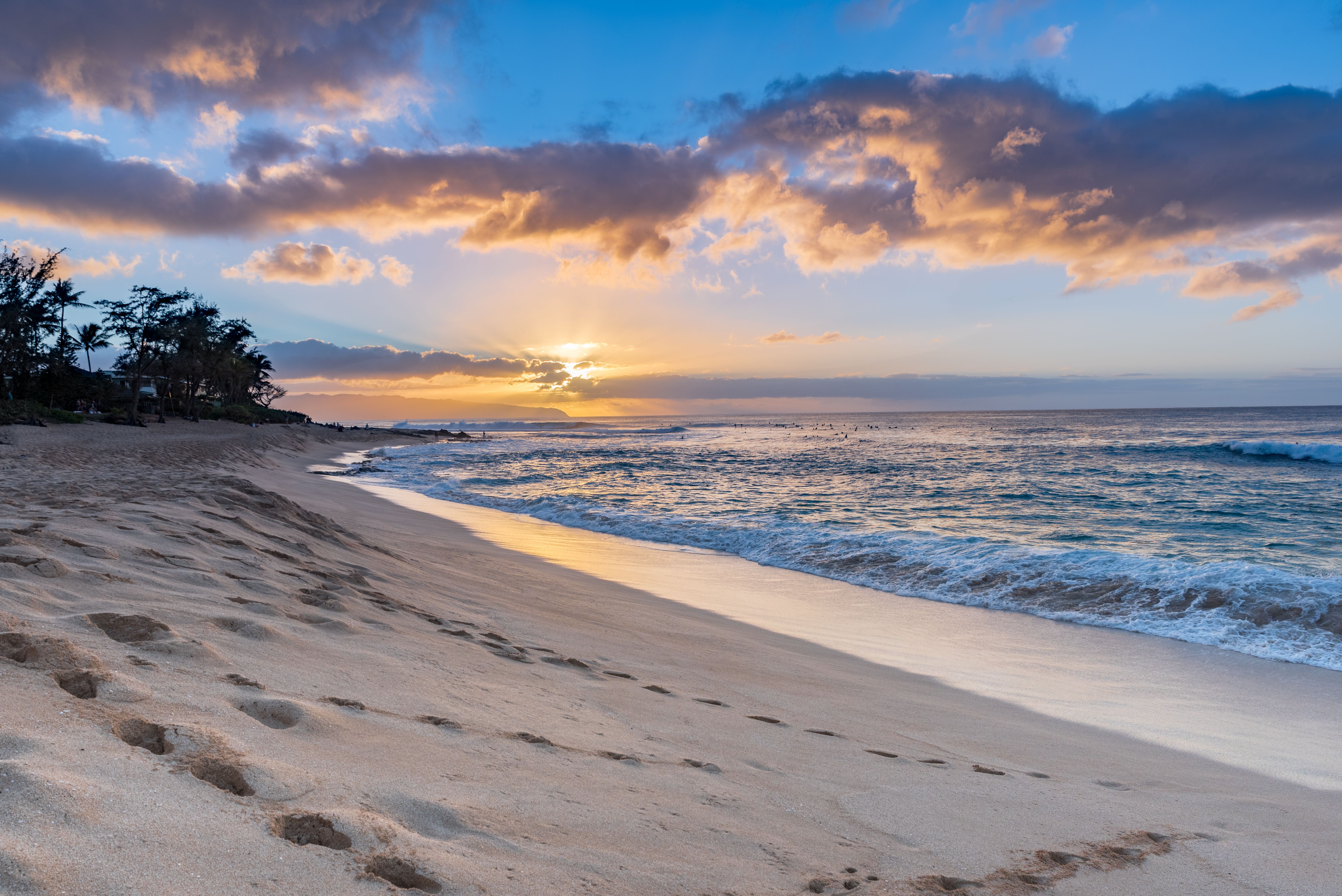 Sun setting over Sunset Beach, Hawaii