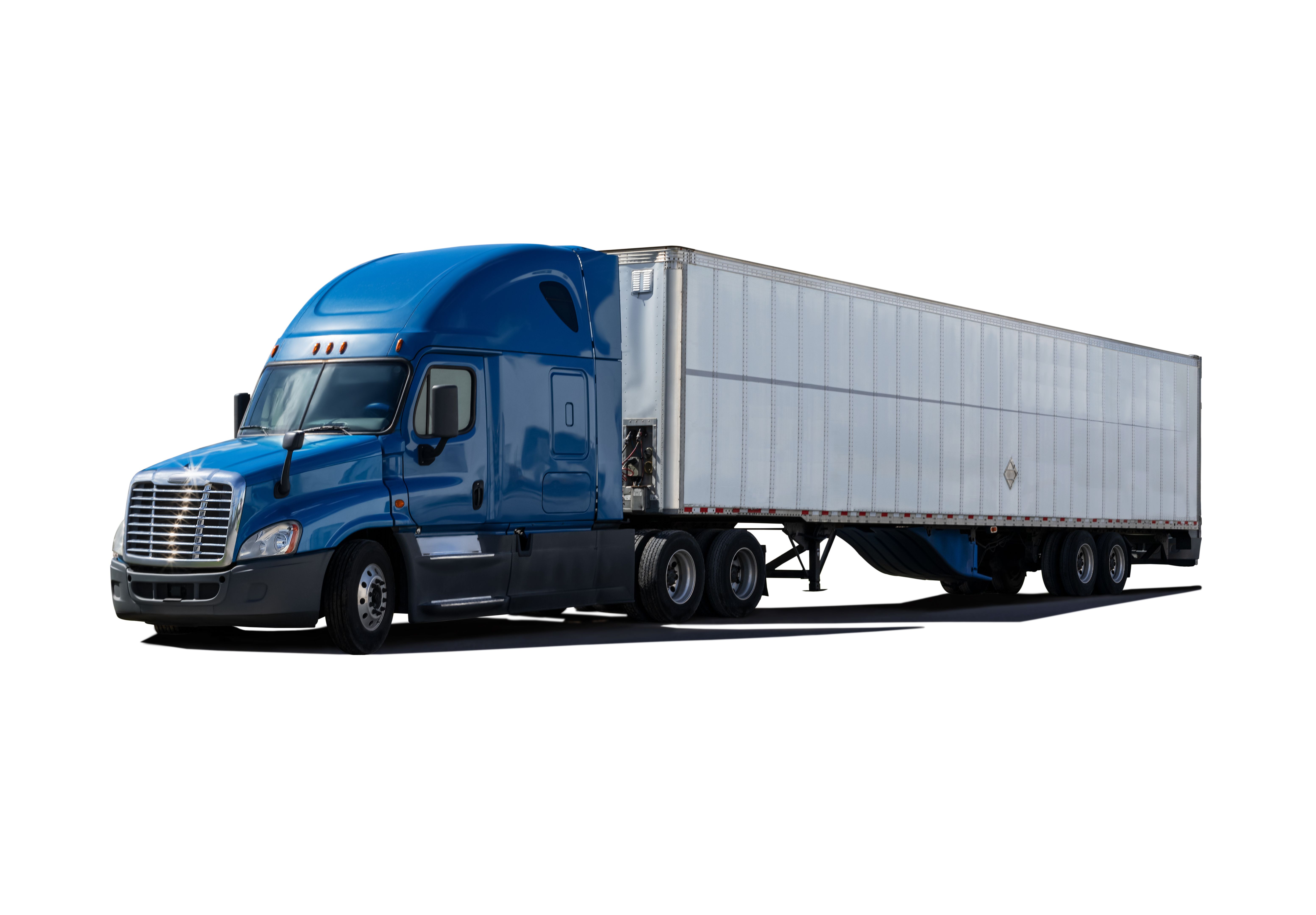Blue Semi Truck with Cargo Container cleaned of all logos. Contains clipping path for removal from white background.