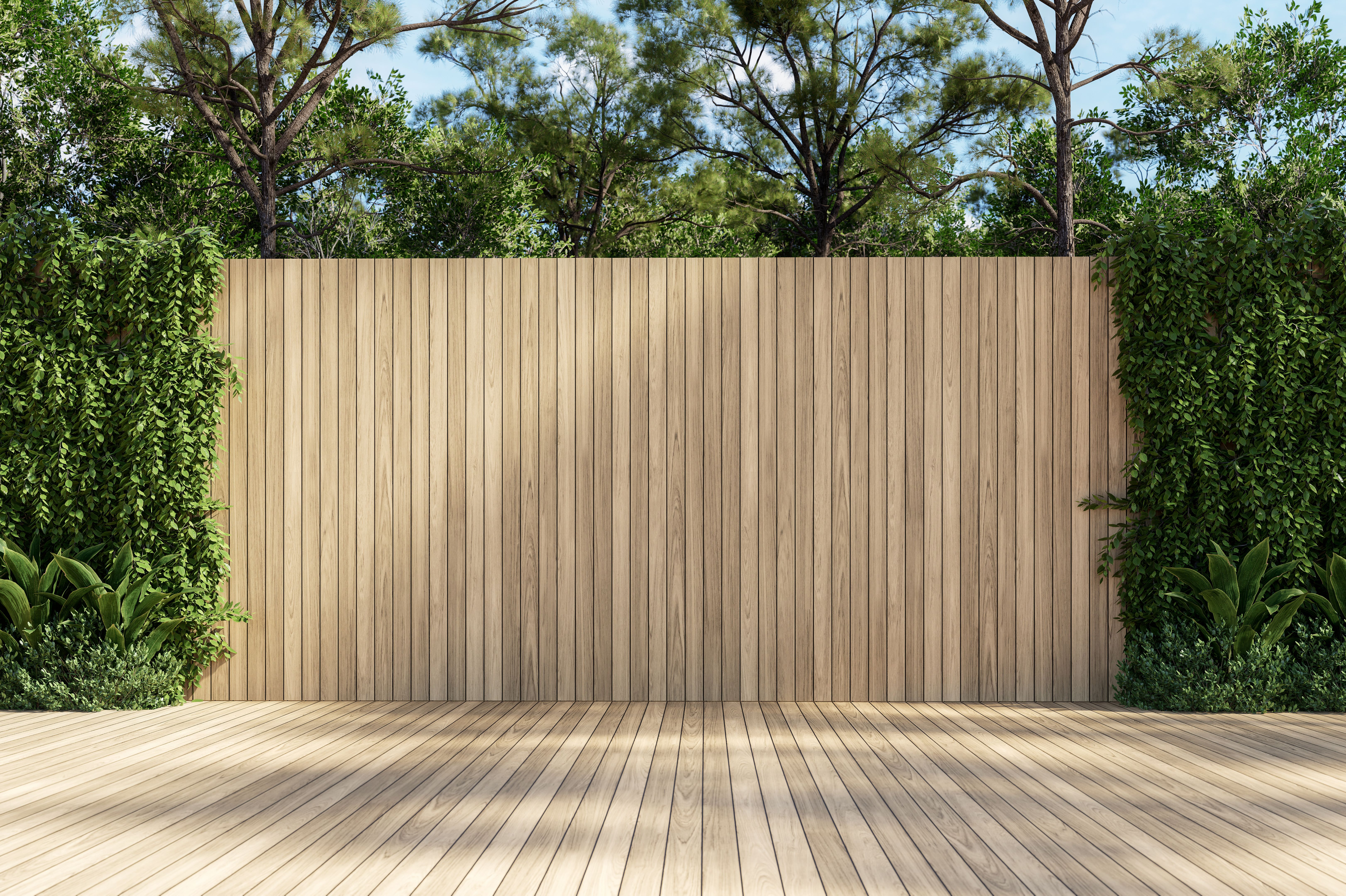 Modern contemporary empty wooden terrace with blank plank wall for copy space 3d render