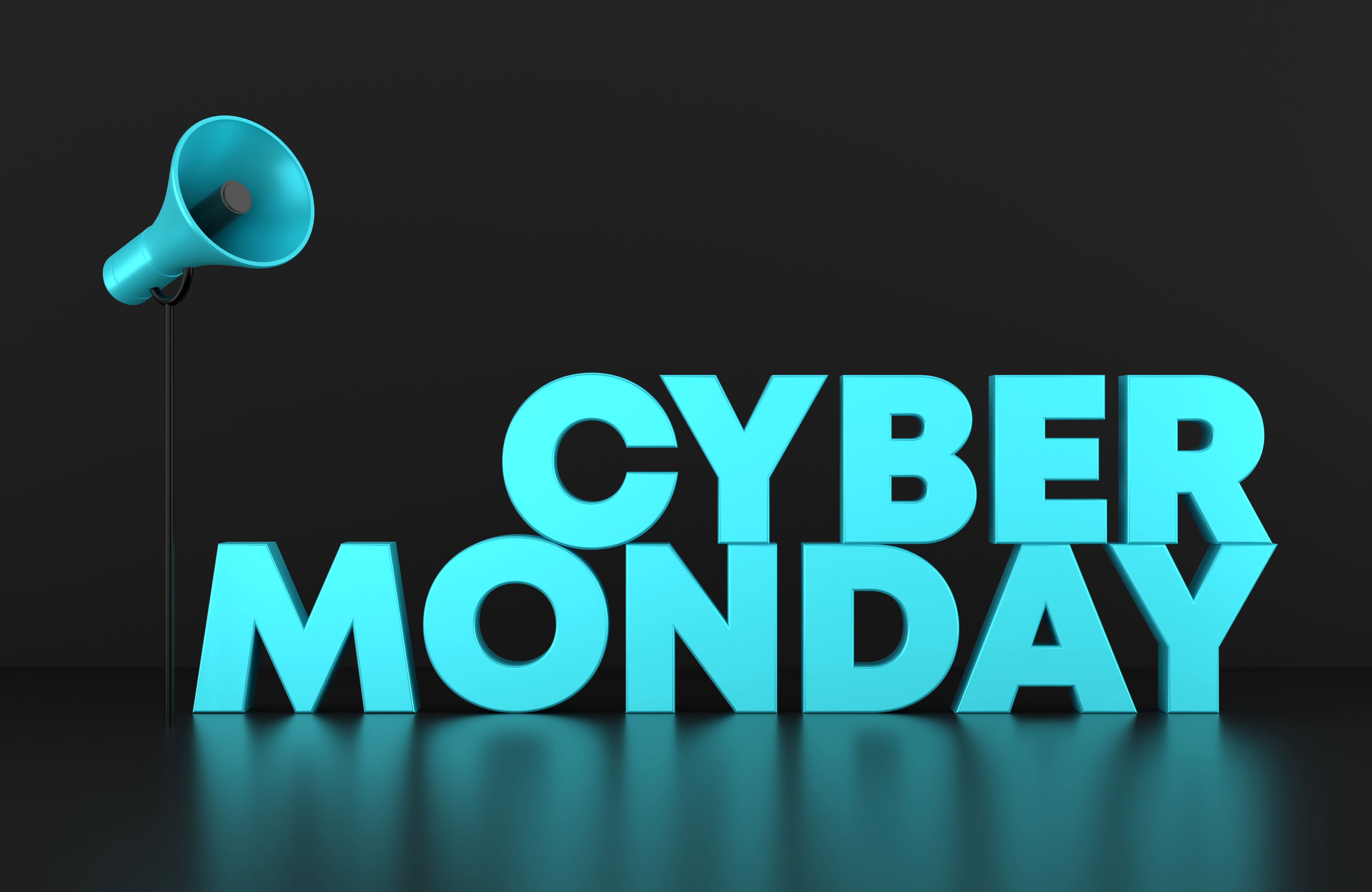 Blue Cyber Monday Text On Black Background With Megaphone