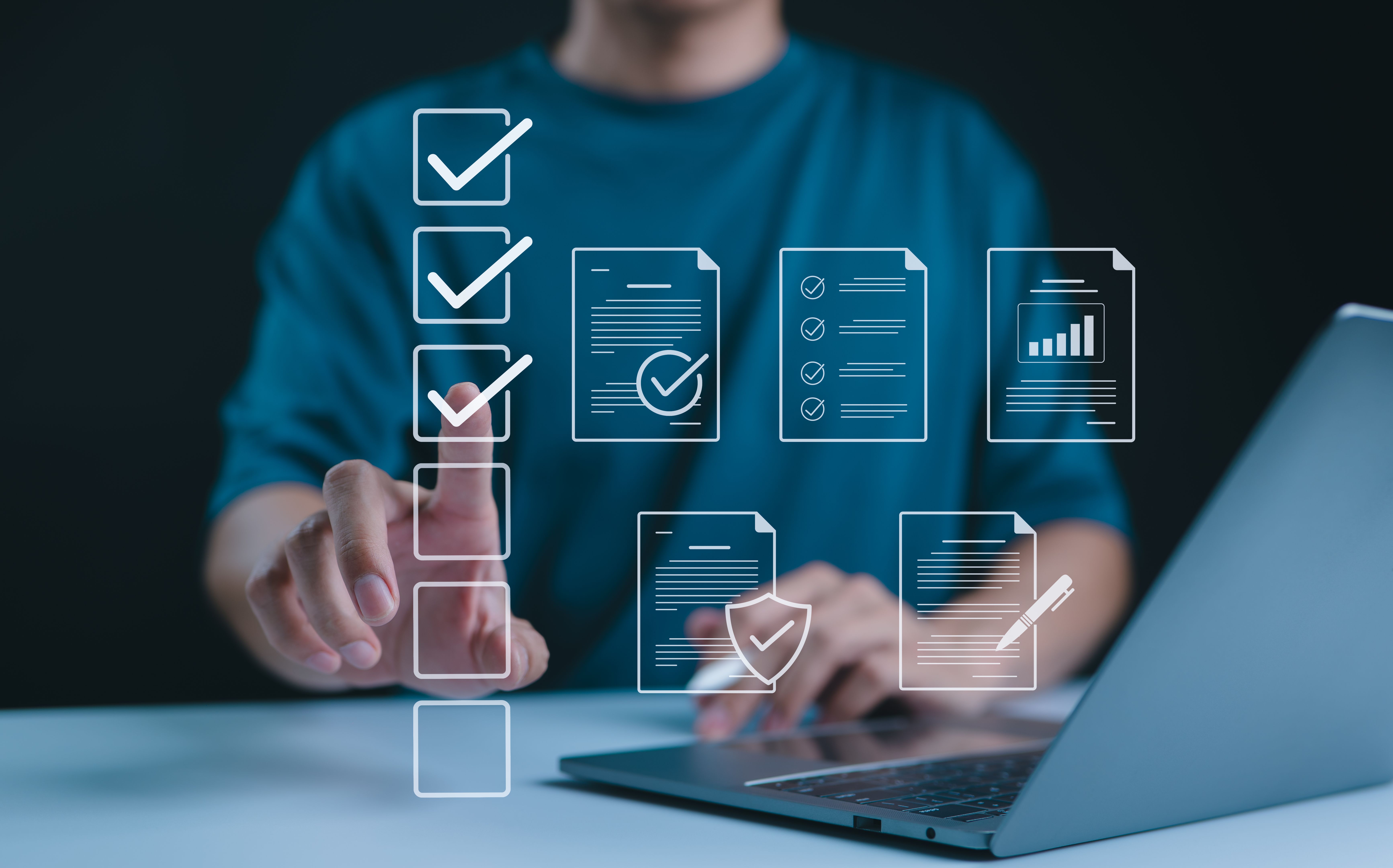 Digital form checklist, Online survey concept. Person interacts with digital form checklist on laptop with process of filling out online survey and completing digital forms with checkbox and document.
