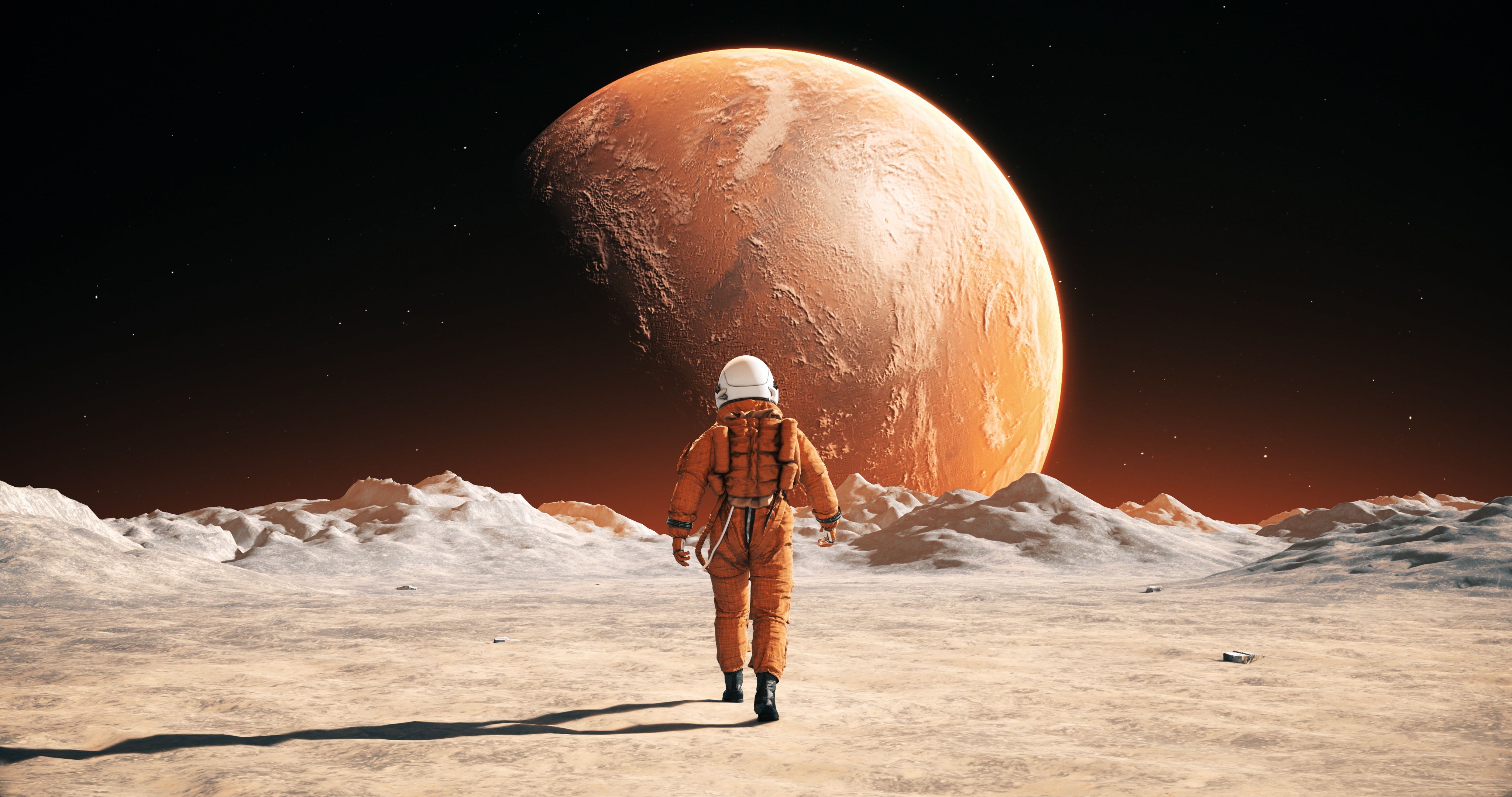 Male Astronaut In Space Suit Walking On Alien Planet. Planet Mars Is Visible.