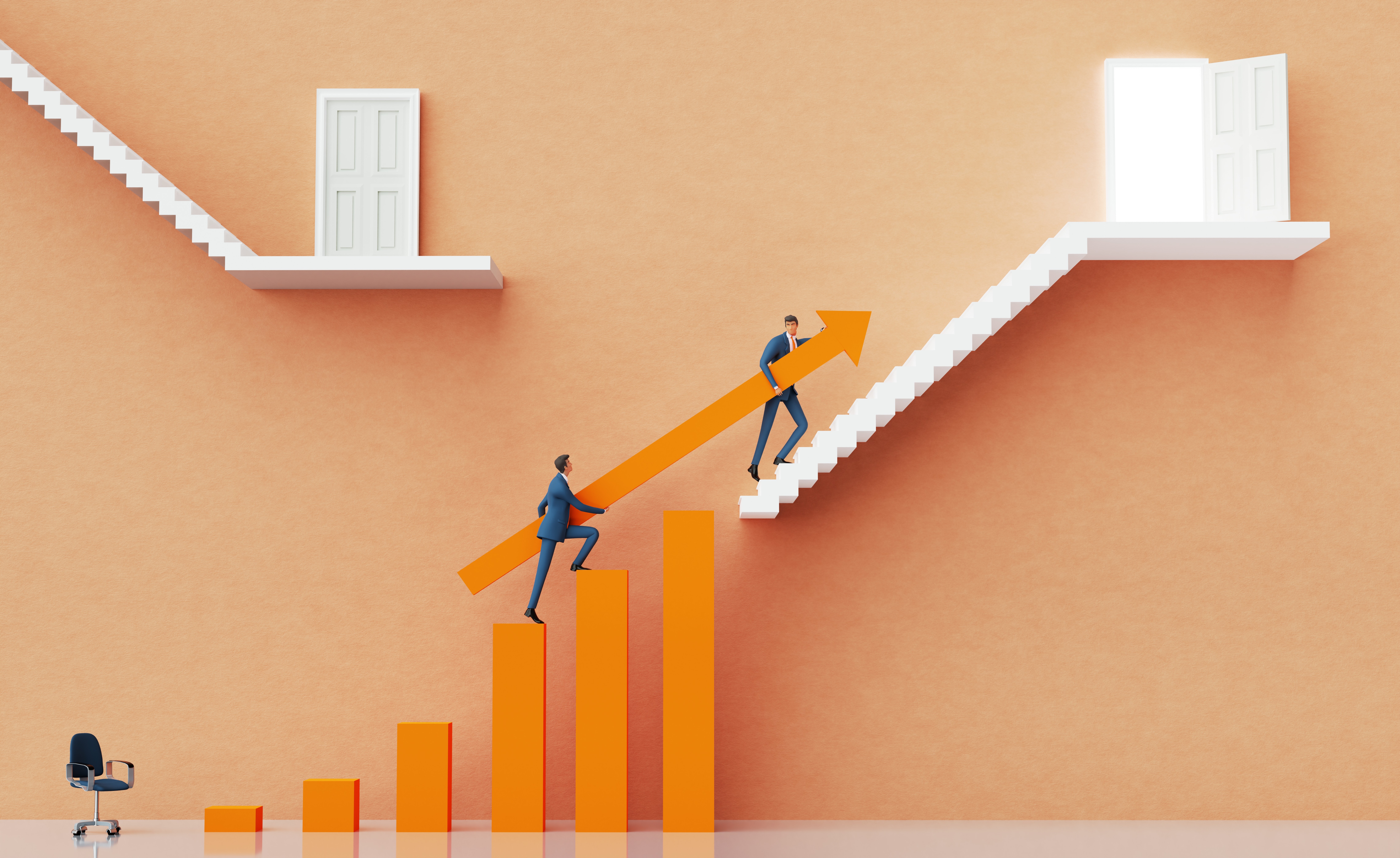 Two stylized figures climbing upward on a rising bar graph and stairs, representing business growth and excellence