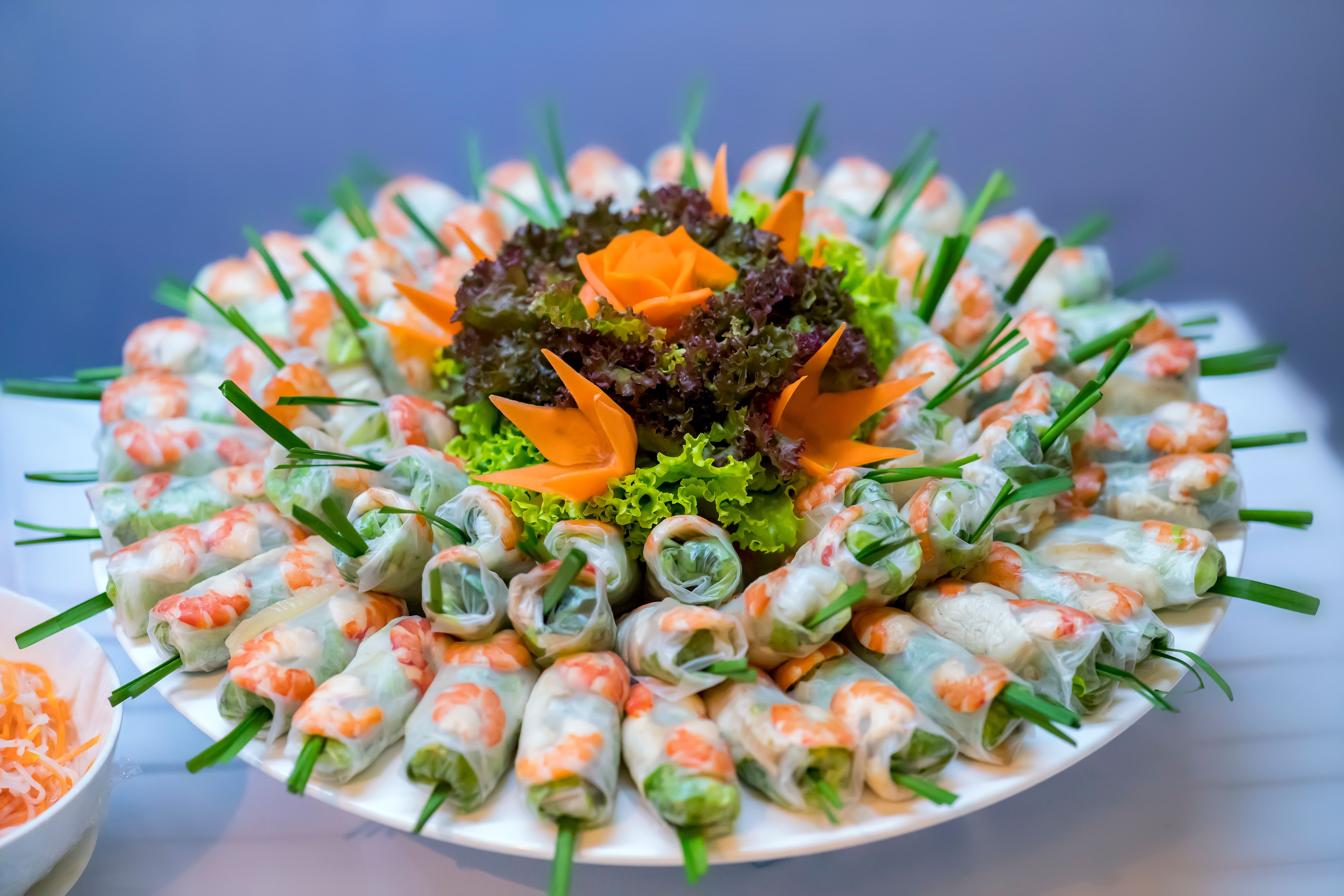 Vietnamese Fresh spring rolls with shrimp, meat, vegetables using fish sauce, Vietnamese street food