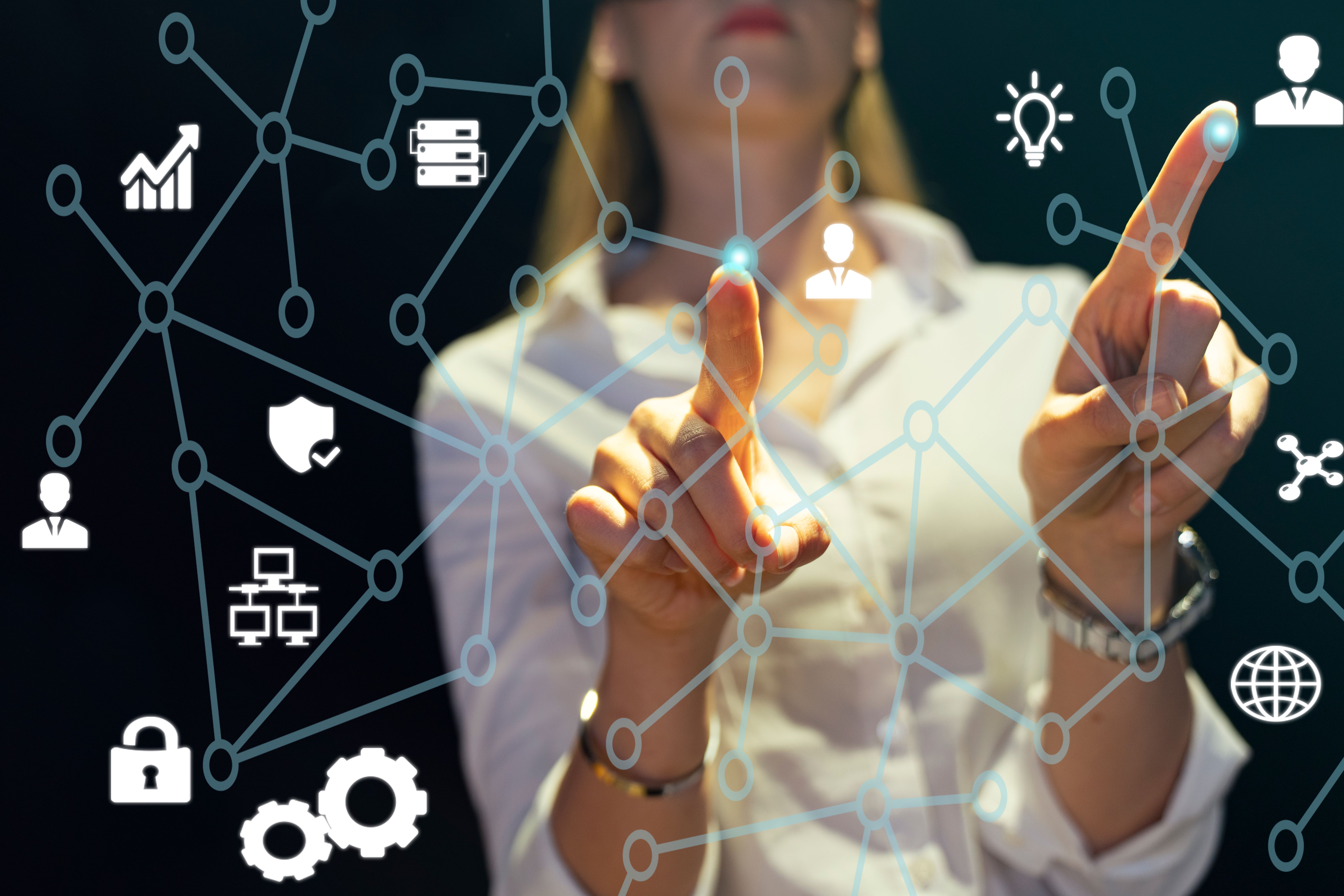 View of a Business network connection displayed on a futuristic interface with technology icon - Worldwide business concept