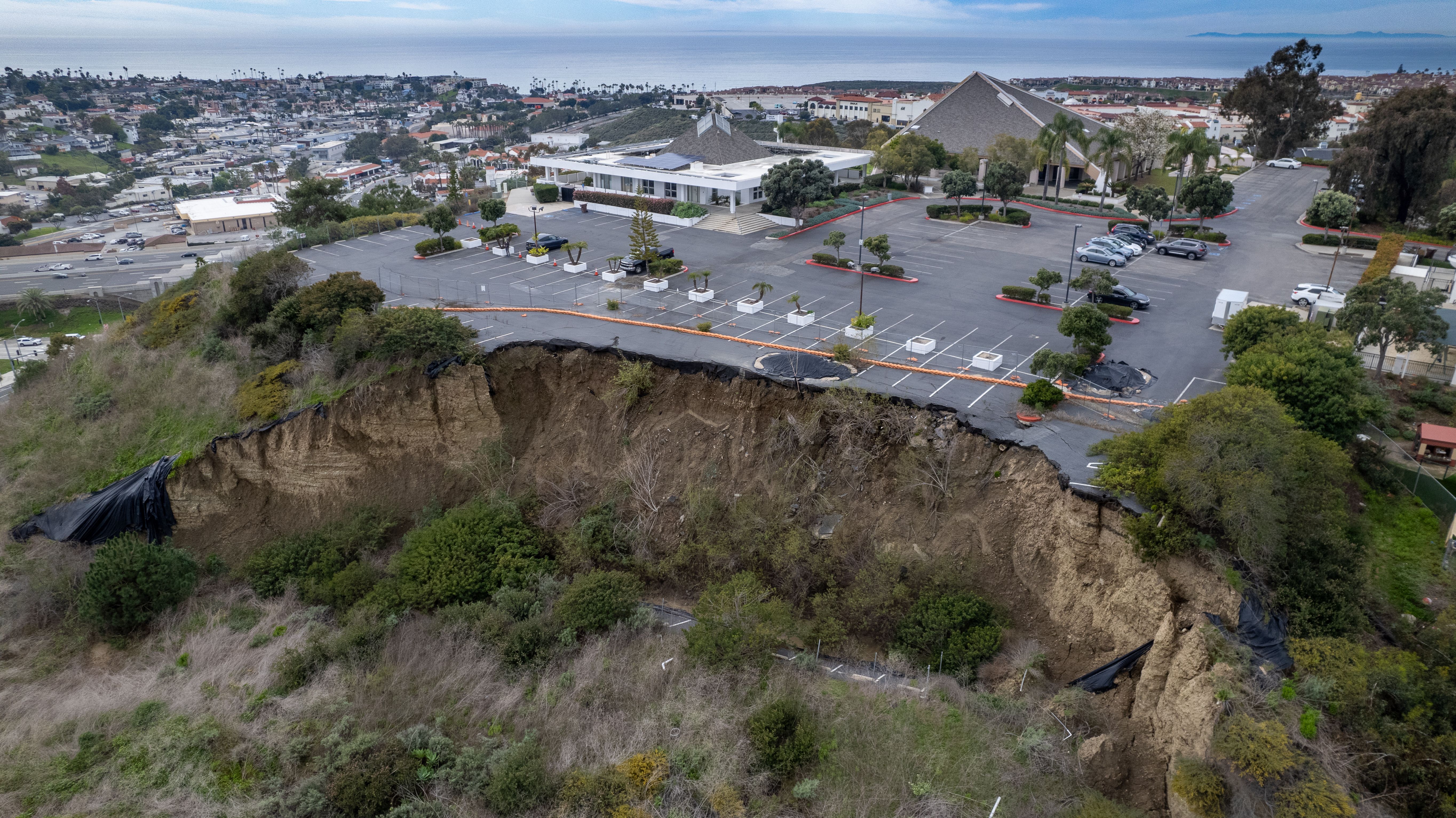 Ariel view of landslide of St. Andrews Church parking lot landslide