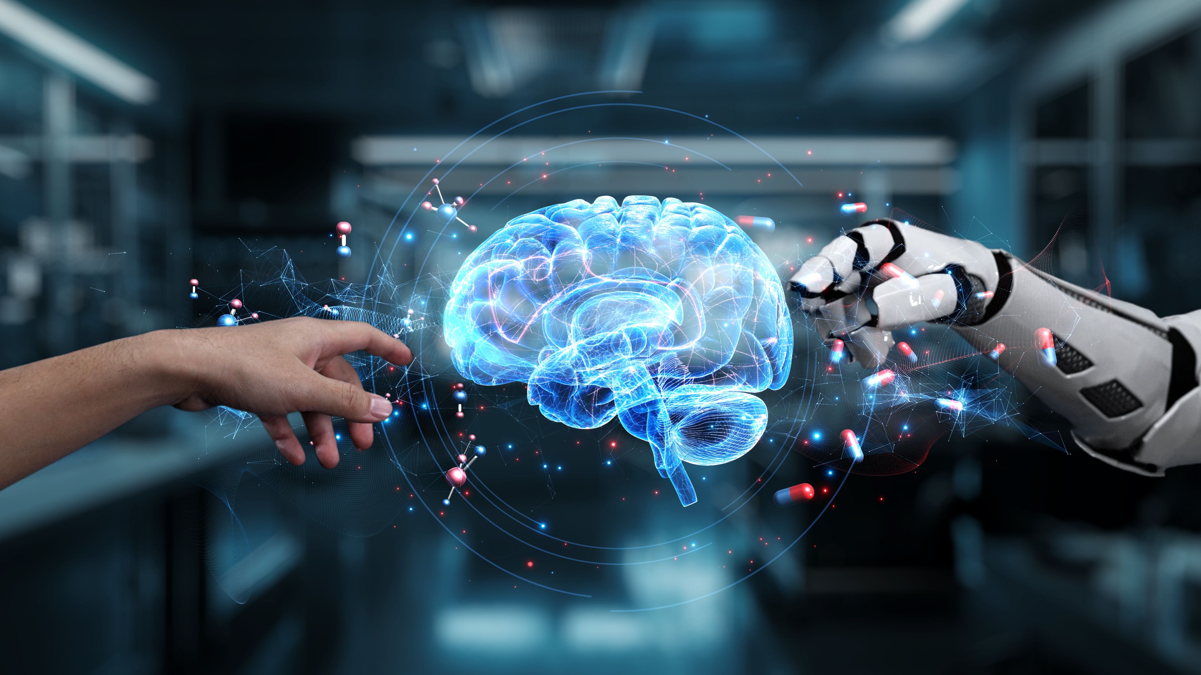 Robot and human reaching hand and pointing with brain icon floating. Salubrious. Robot and human reaching hand and pointing with brain icon floating. Salubrious.