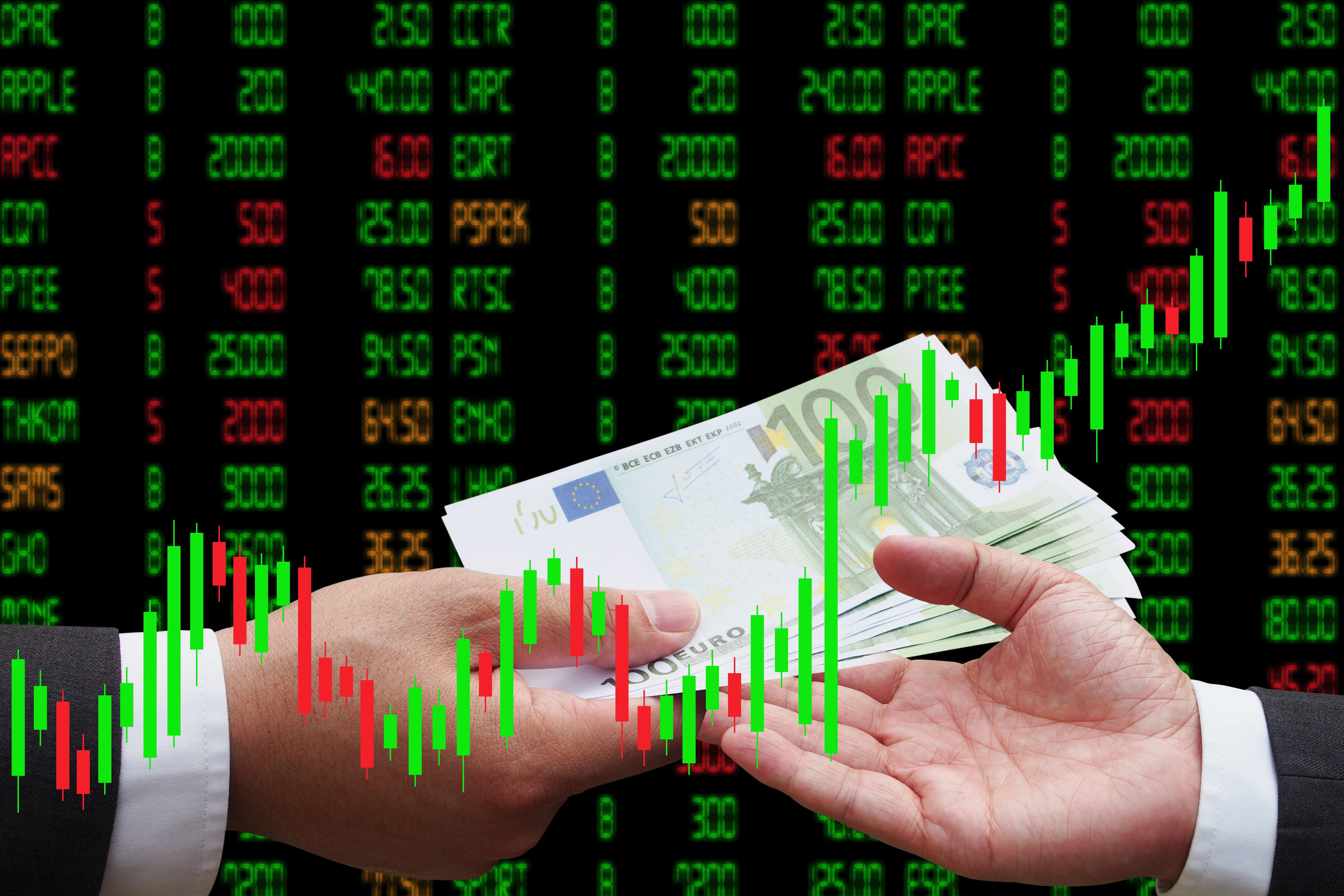 Investor giving euro money to his business partner Candlestick Chart