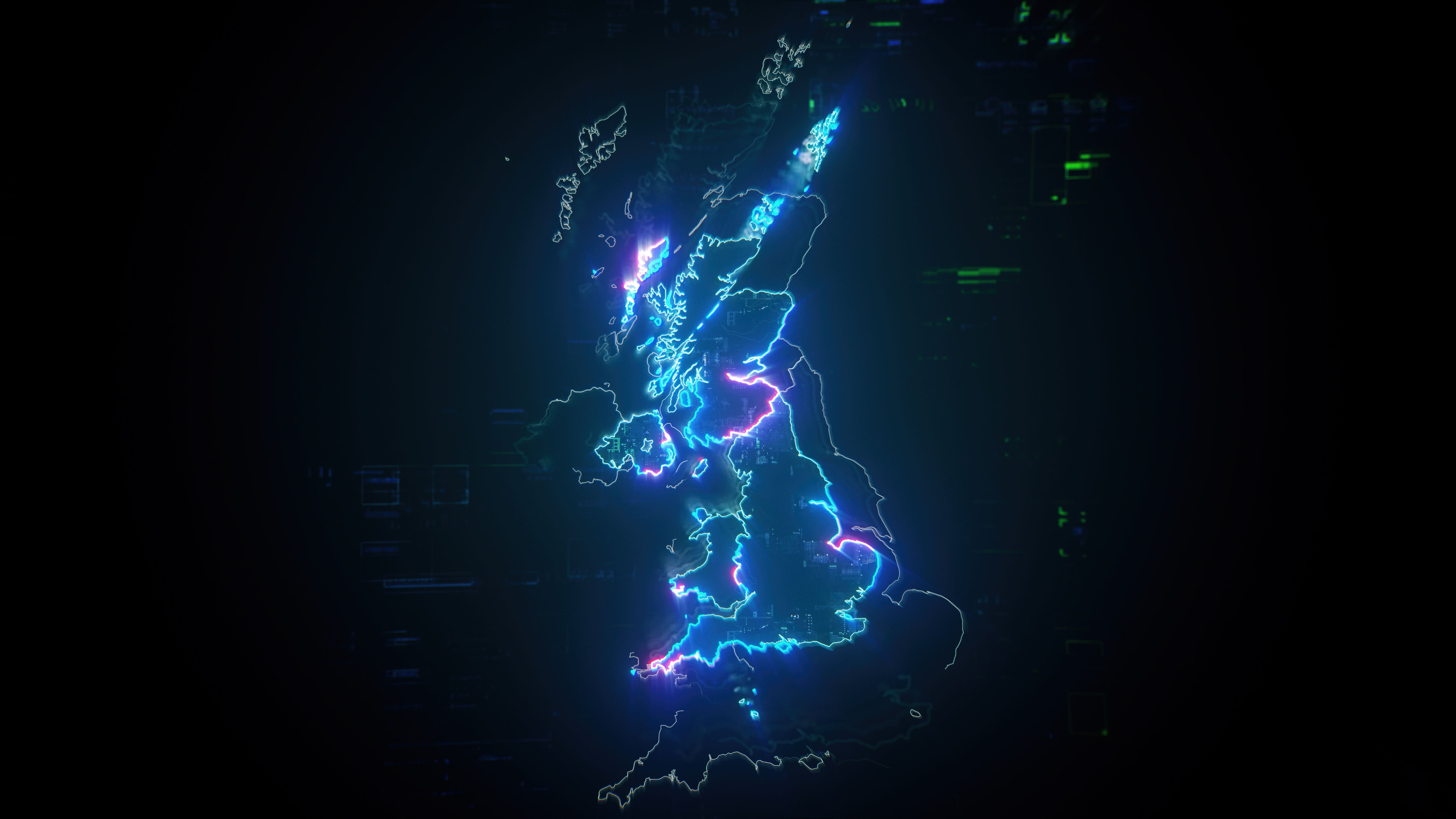 Map of UK on dark digital background representing global communication and global finances