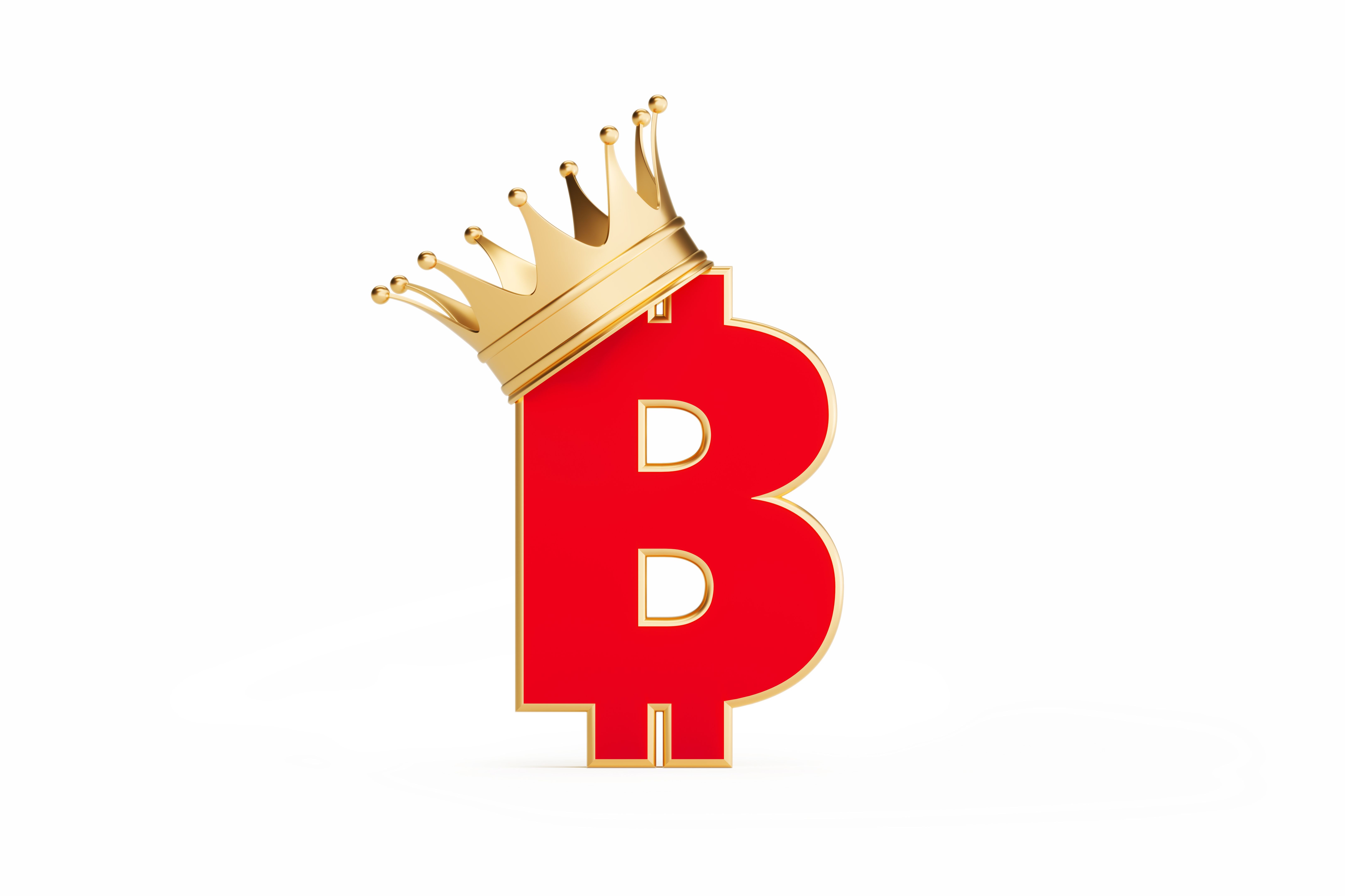 Bitcoin Symbol Wearing Gold Crown Isolated On White Background