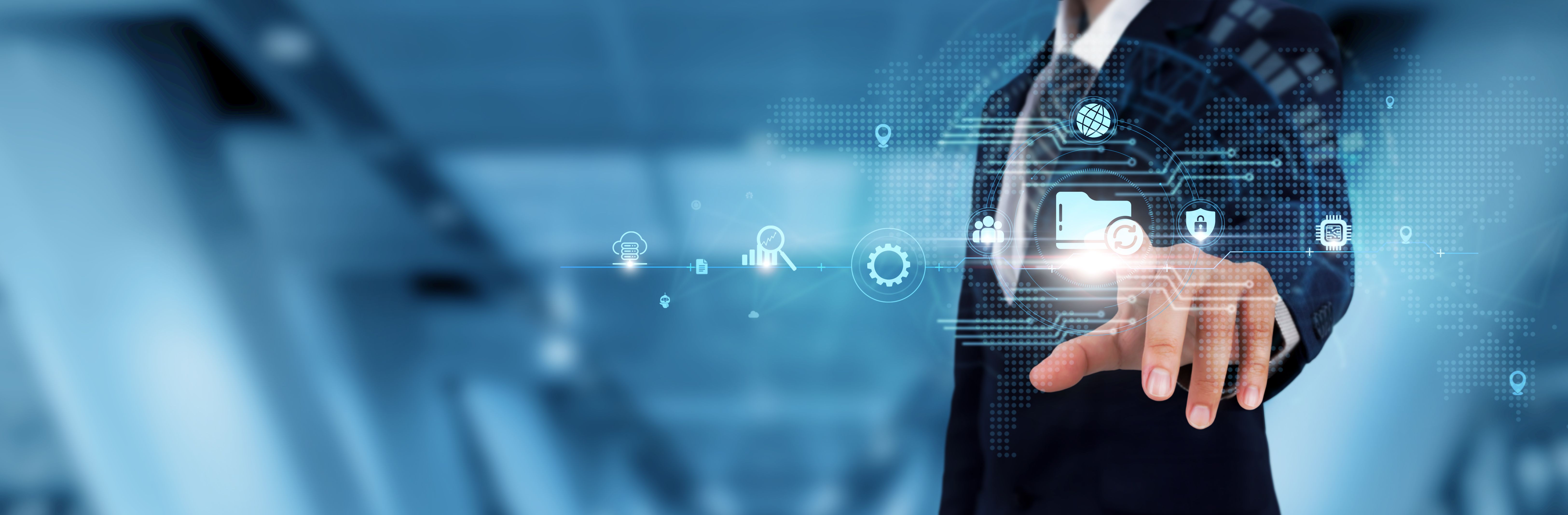 Backup: Businessman touching the Backup icon and global technological Networking. Data Security, Disaster Recovery, Redundancy.