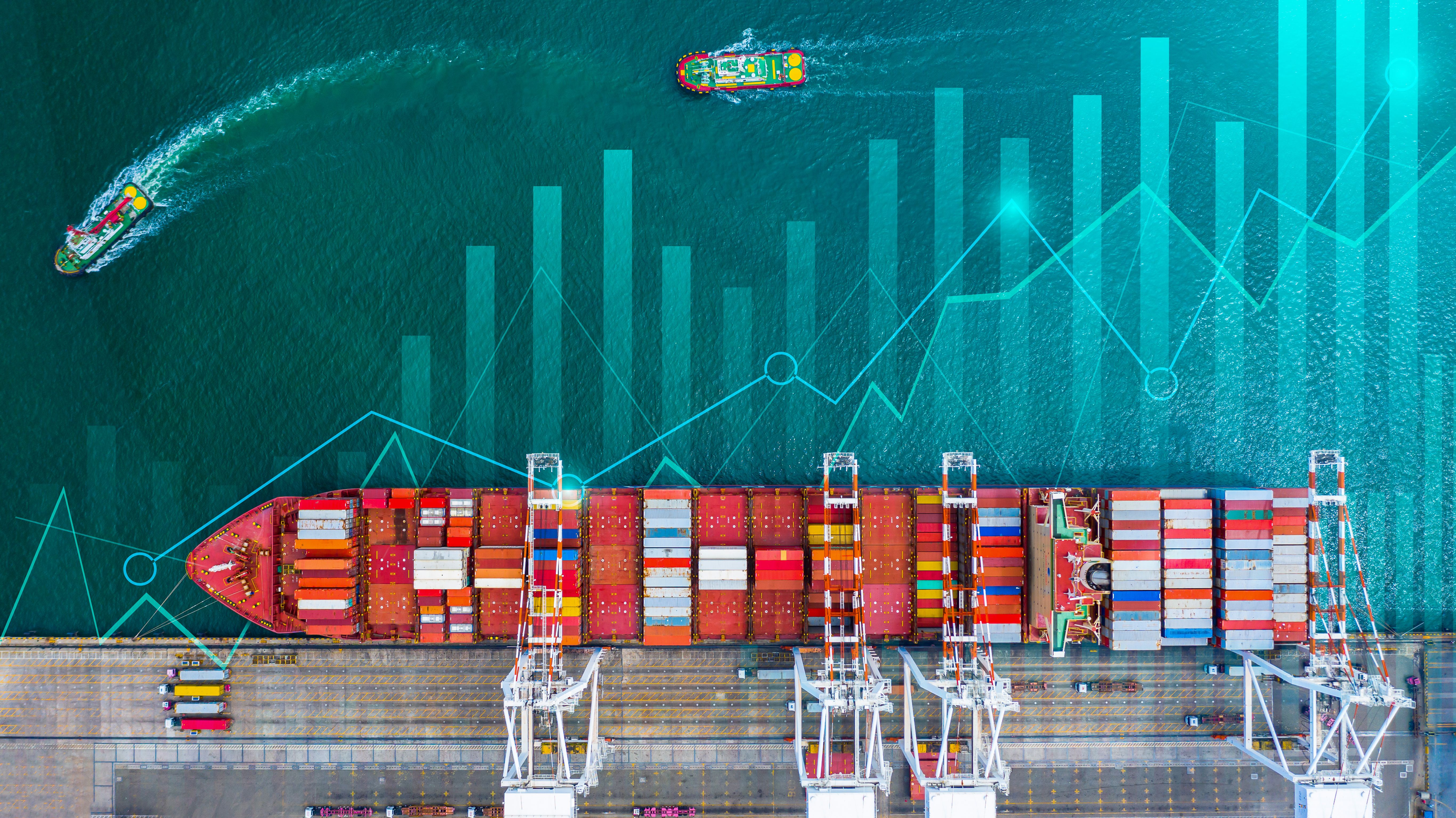Container cargo ship global business logistics import export freight shipping transportation, Container cargo ship analysis, Big data visualization abstract graph and chart information business.