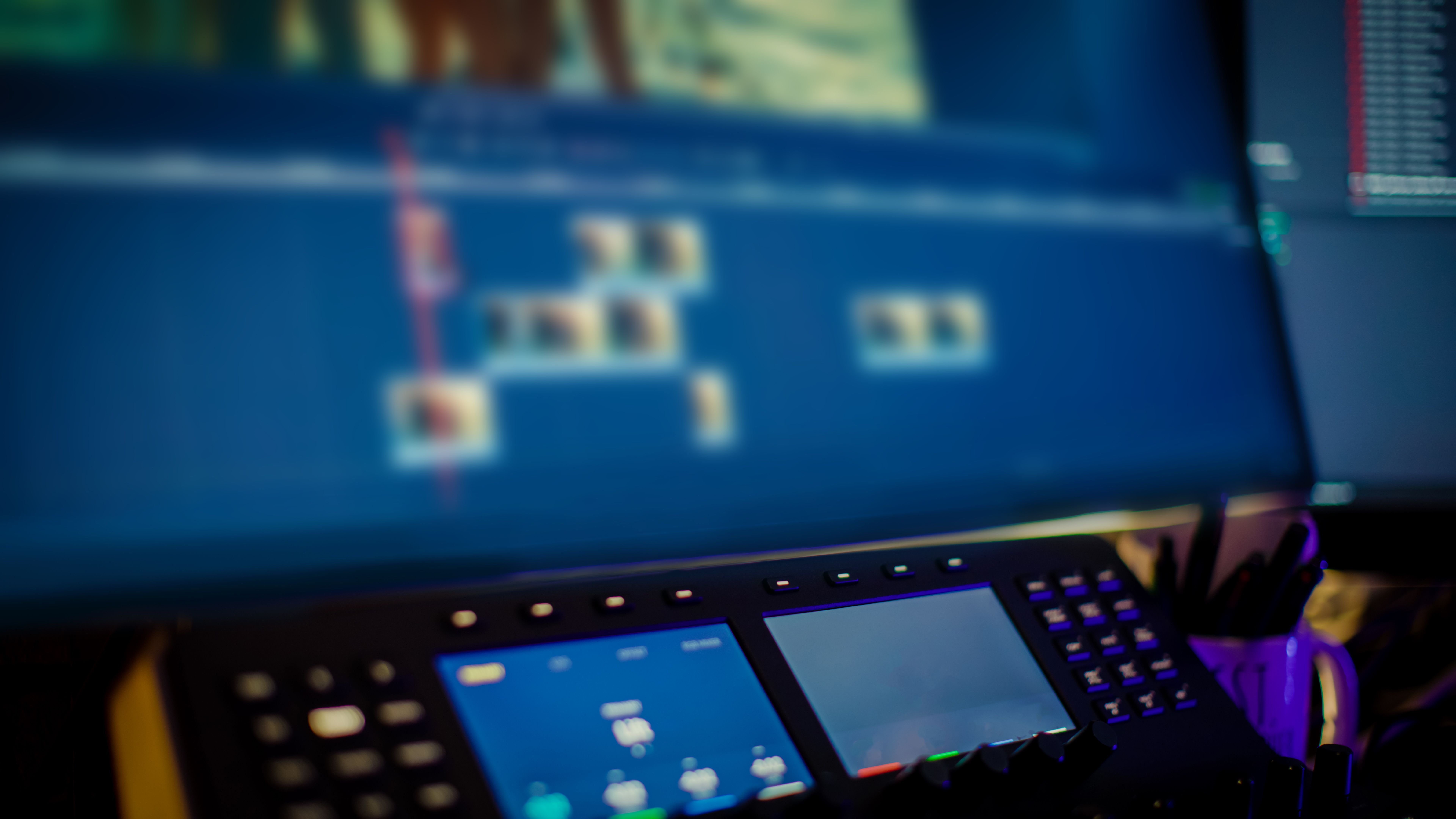 Video footage on computer screen with equipment at desk Video footage on computer screen with equipment at desk