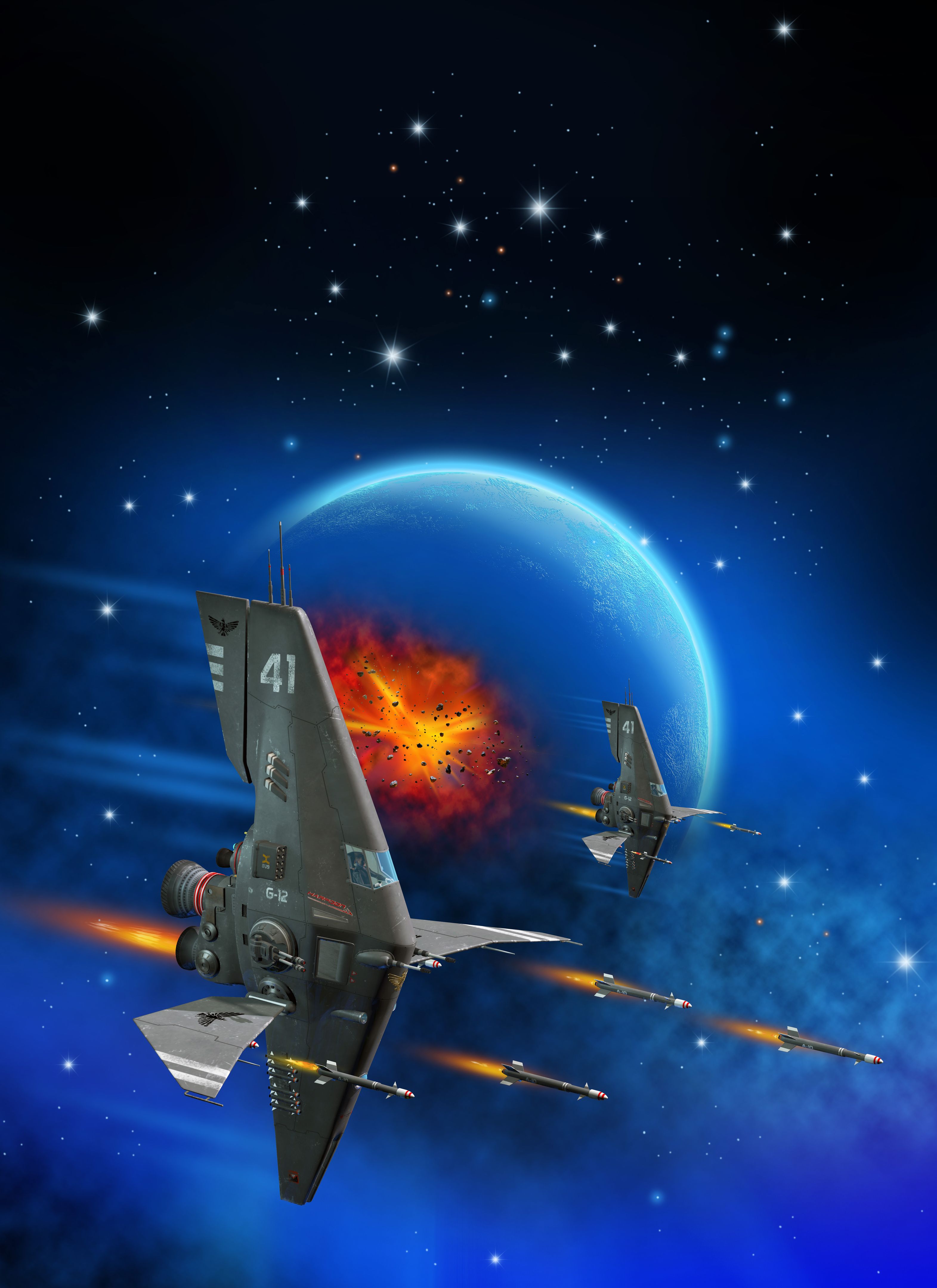 Space Battle, spaceships launching Rockets, Flying around a Planet and nebula, 3d illustration