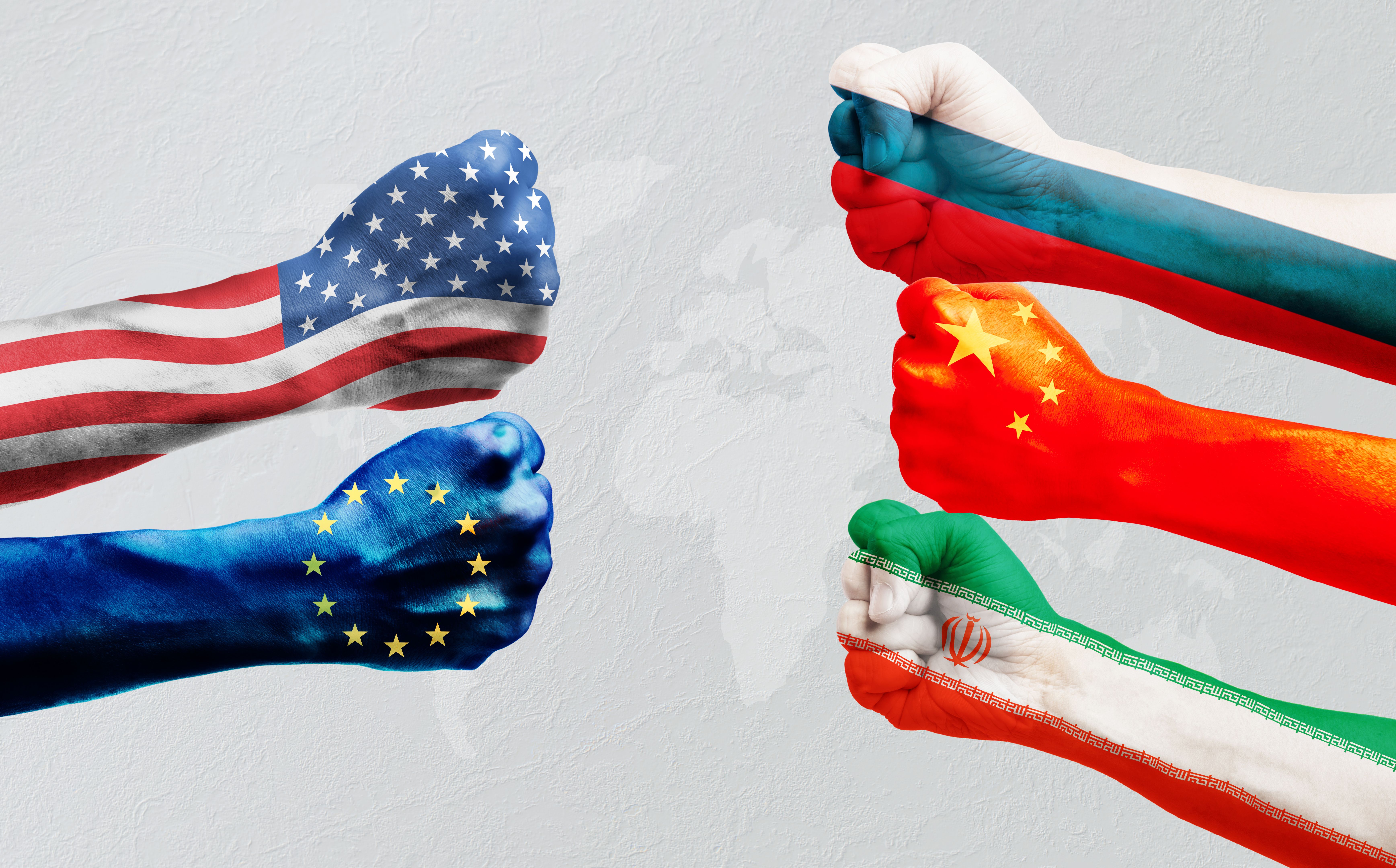 Flags of US or United States of America, Russia, Iran, EU or European Union and China on hands punch to each others on world map