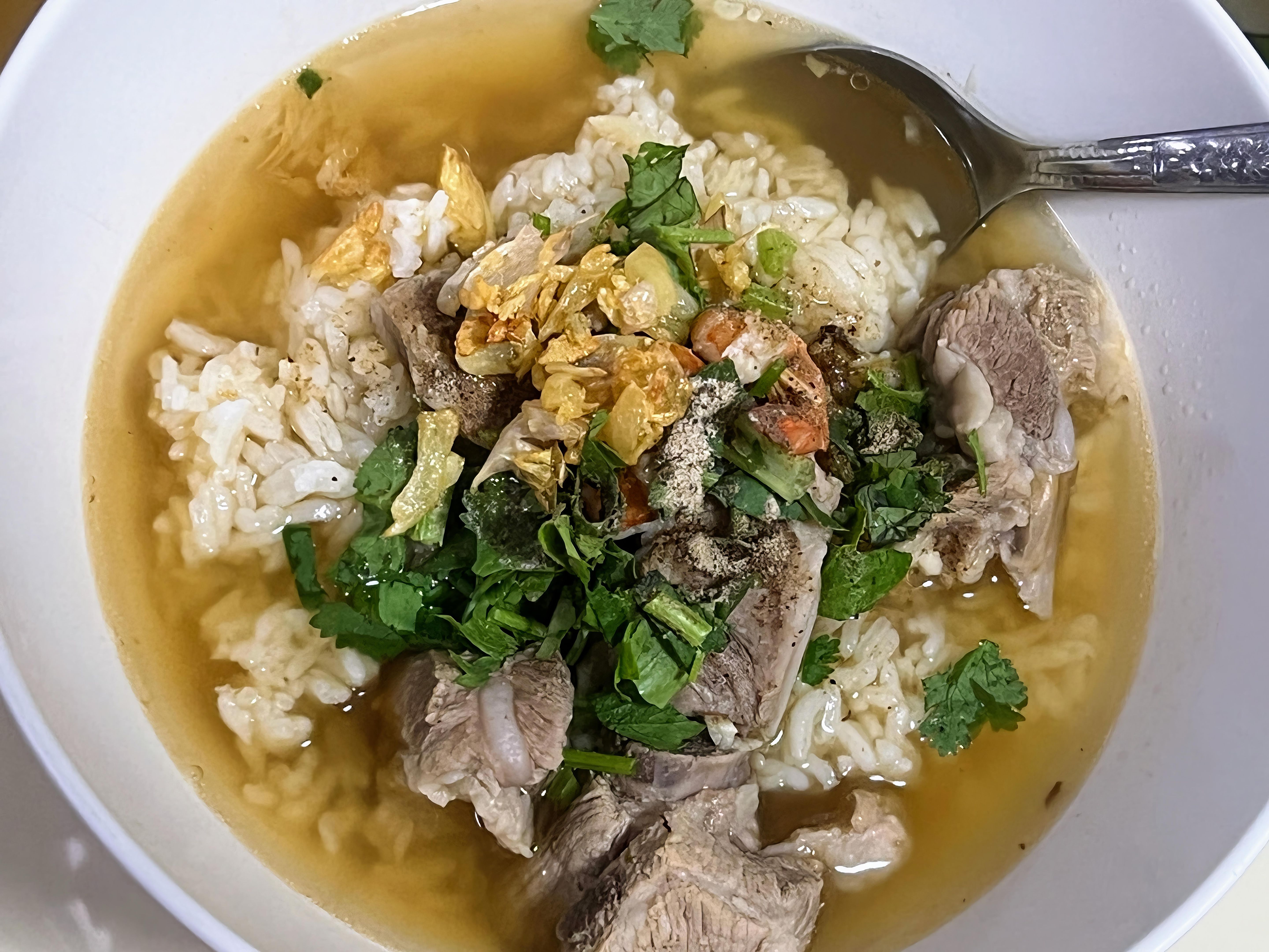 a photography of a bowl of soup with meat and rice.