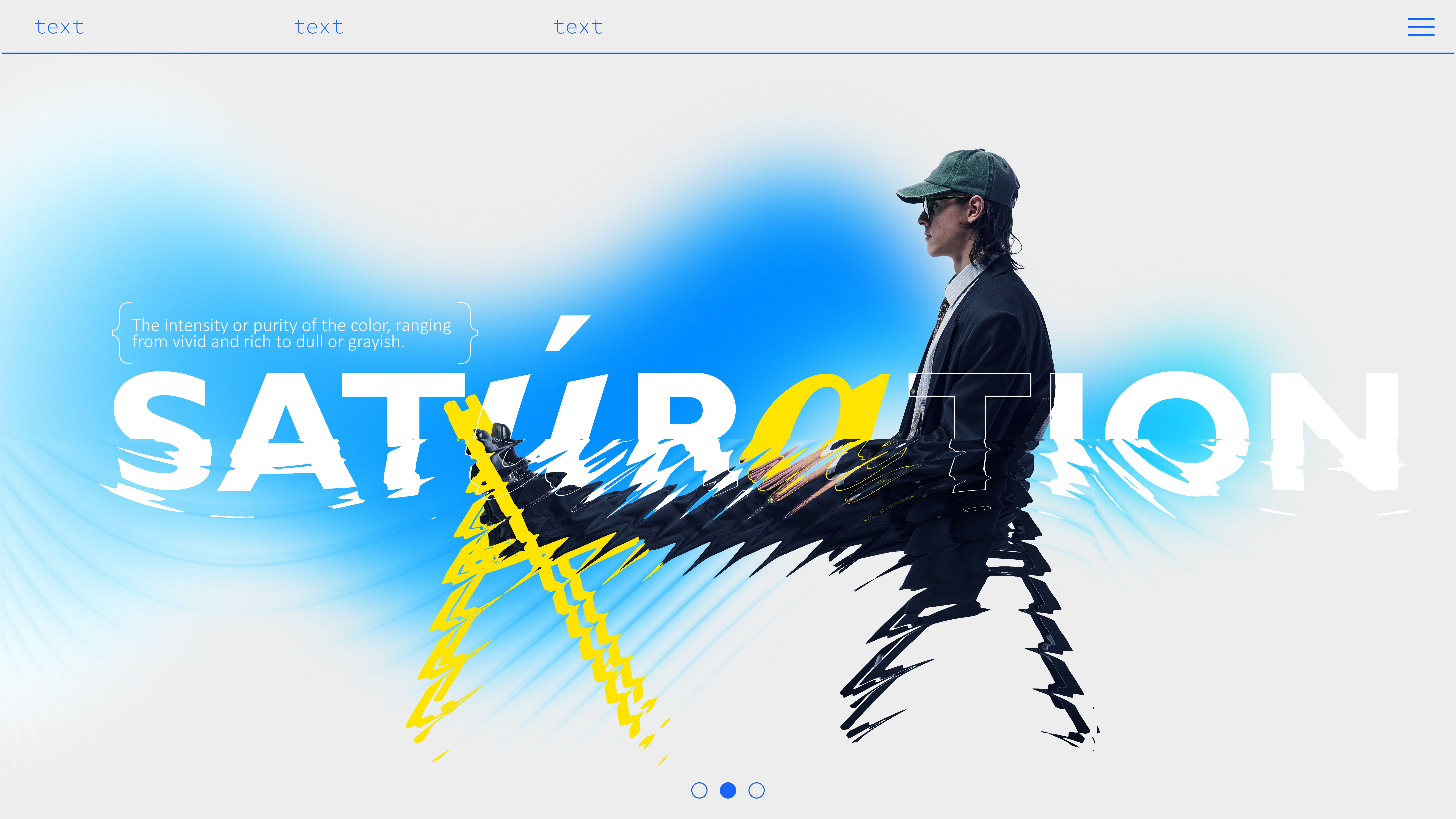 Stylish young man sitting on chair with SATURATION text and abstract distortion, representing bold creativity and modern marketing concepts.
