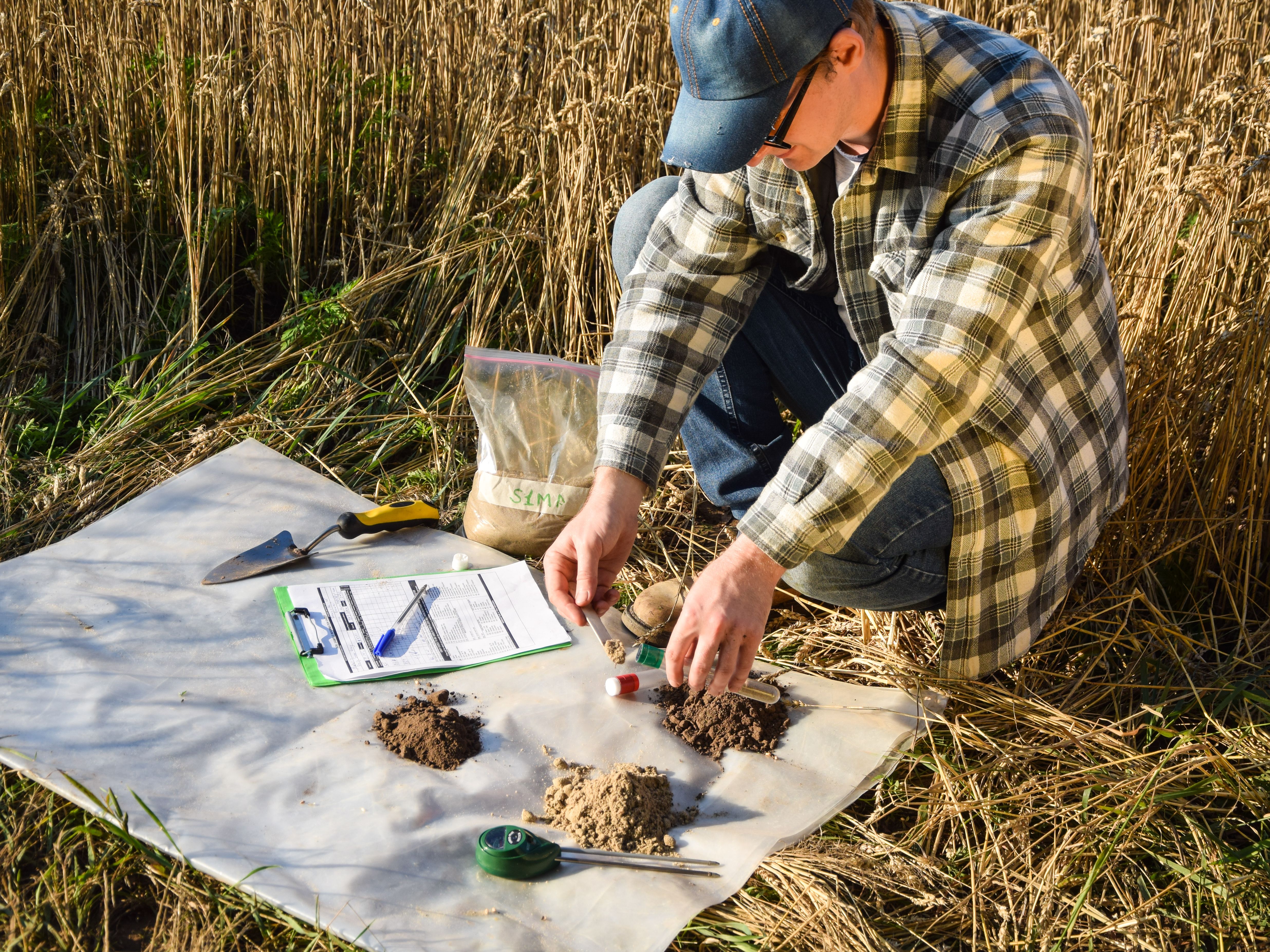 Agronomist preparing soil samples for laboratory analysis outdoors