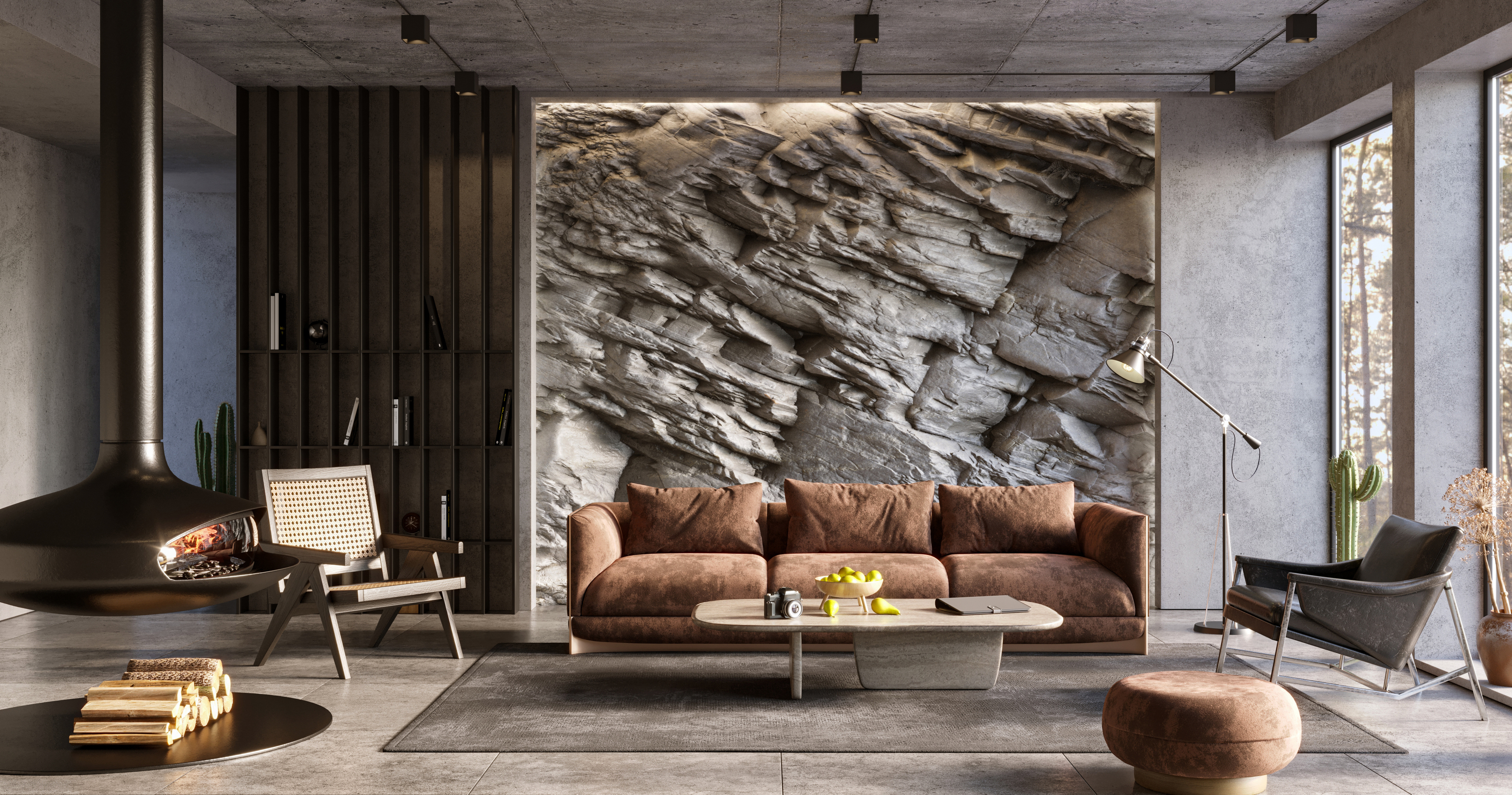 Natural Mountain Rock Wall en el interior de la sala de estar moderna, render 3D Natural Mountain Rock Wall en el interior de la sala de estar moderna, render 3D