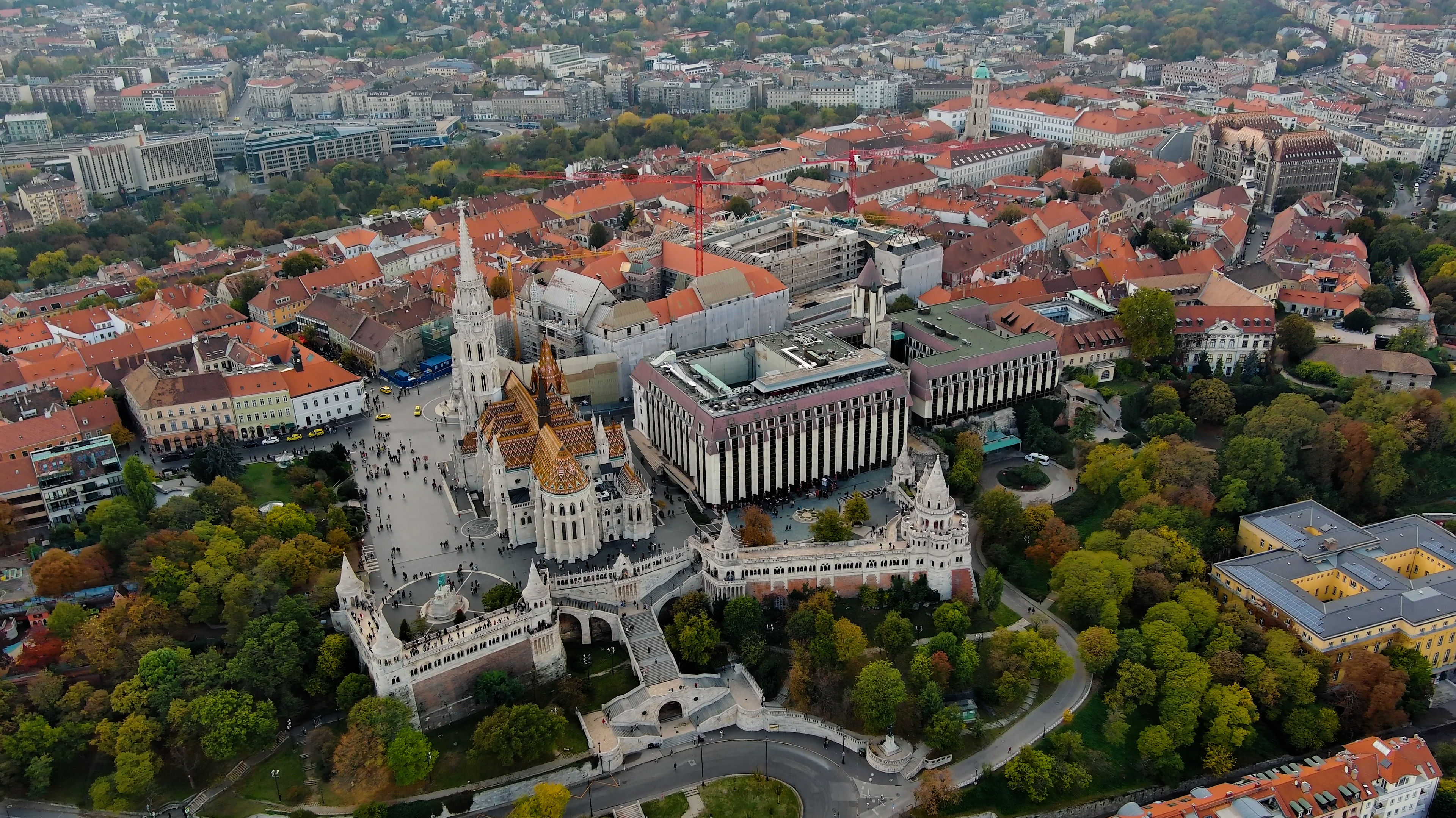 Budapest city skyline, aerial view. Fisherman's Bastion, Matthias Church, Buda side, cloudy day, Hungary