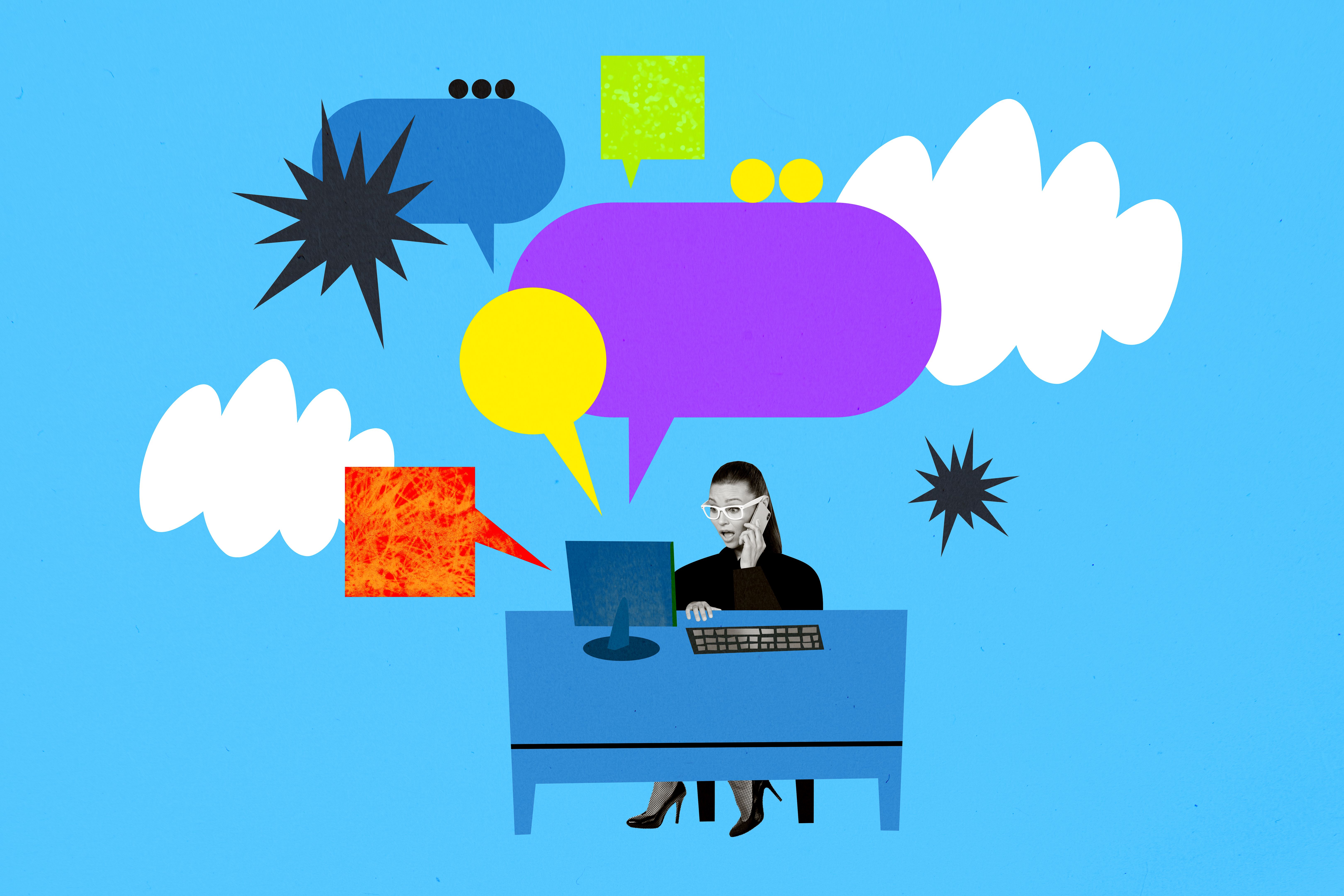 Trend artwork composite photo collage of vibrant office workspace speech bubble mind cloud message social media woman shocked talk phone Trend artwork composite photo collage of vibrant office workspace speech bubble mind cloud message social media woman shocked talk phone