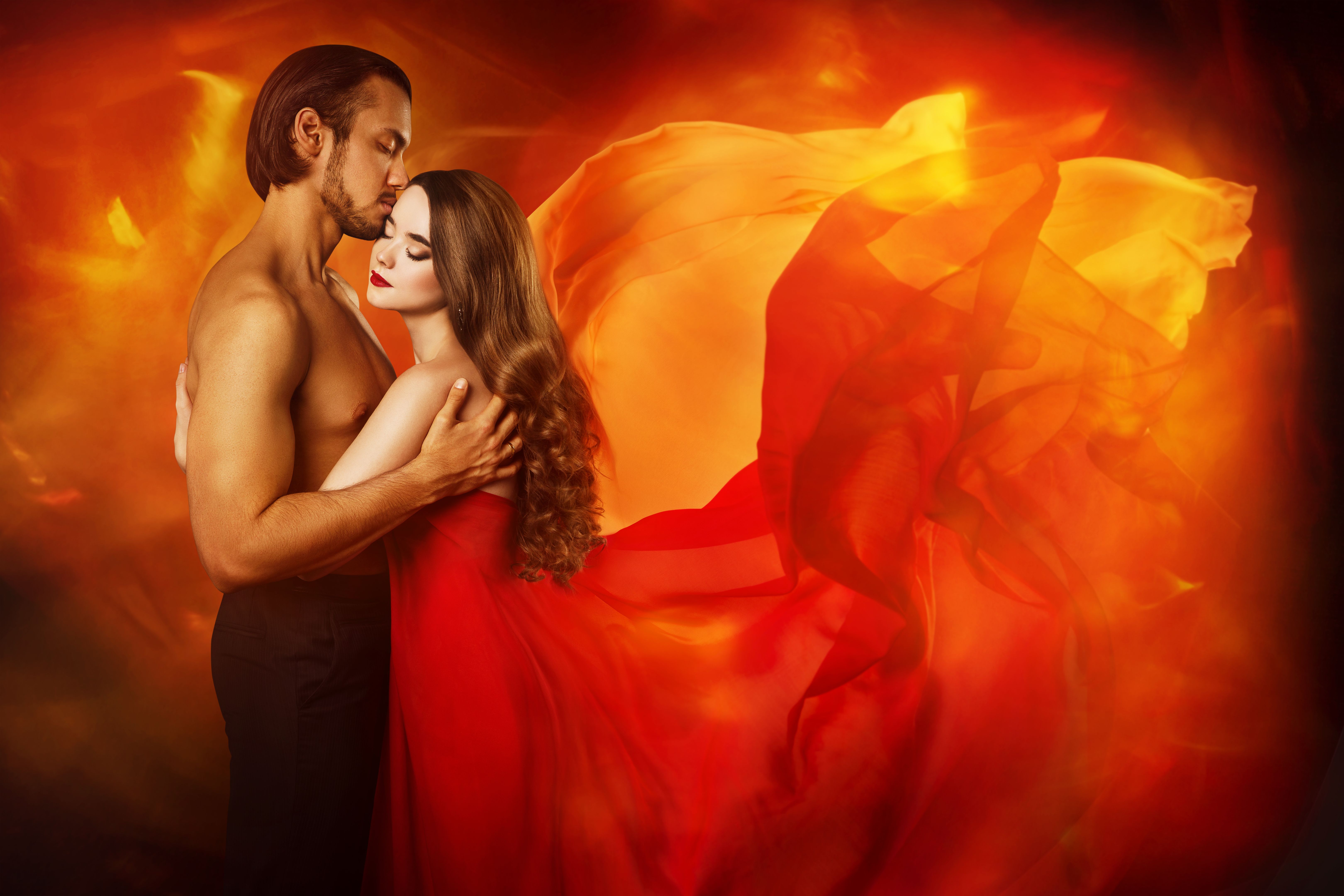 Couple Beauty Portrait, Kissing Man in Love, Seductive Dreaming Woman in Fantasy Dress