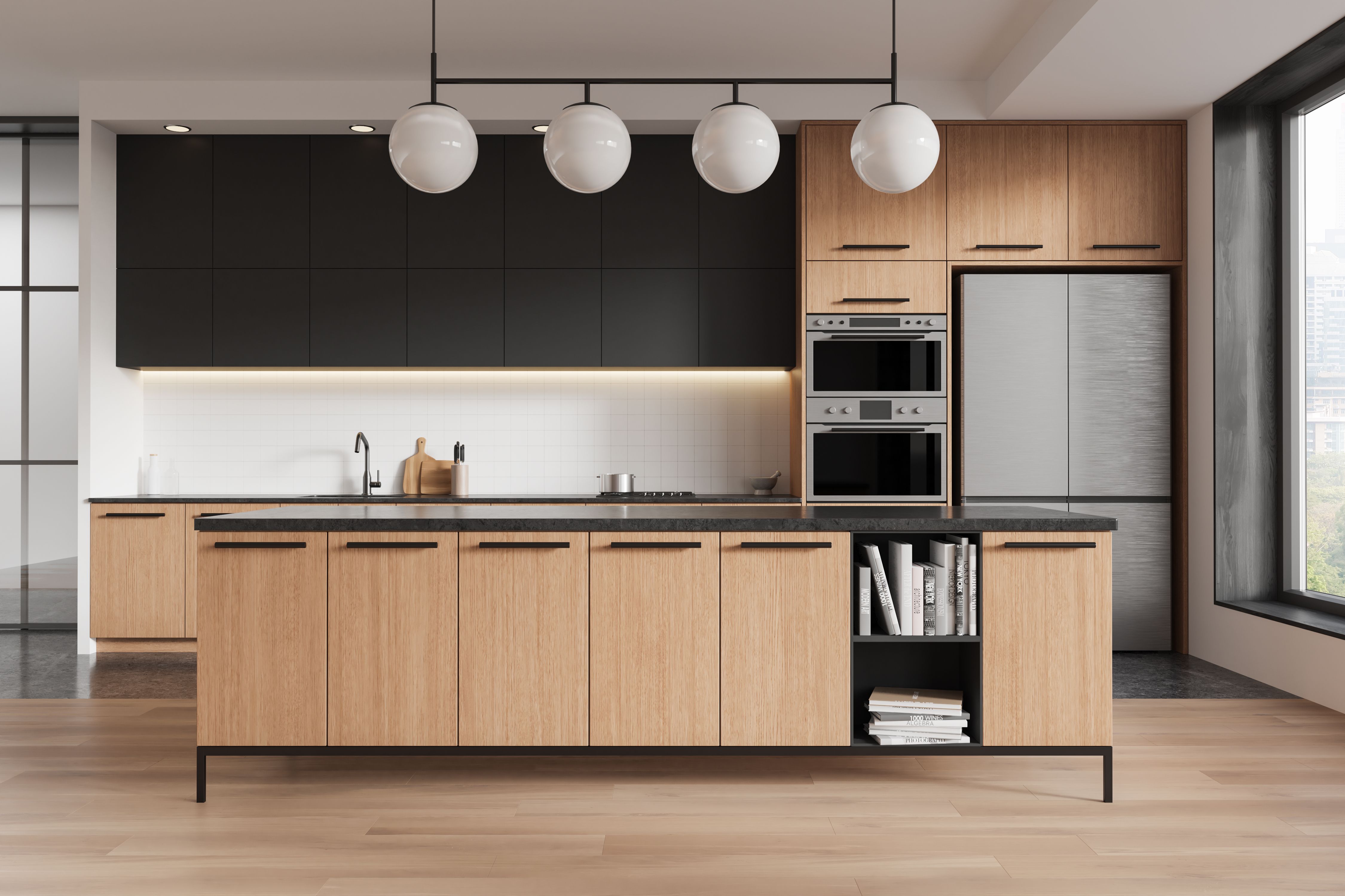 Elegant kitchen interior featuring sleek wooden cabinets, black accents, and modern appliances. Contemporary design concept. 3D Rendering