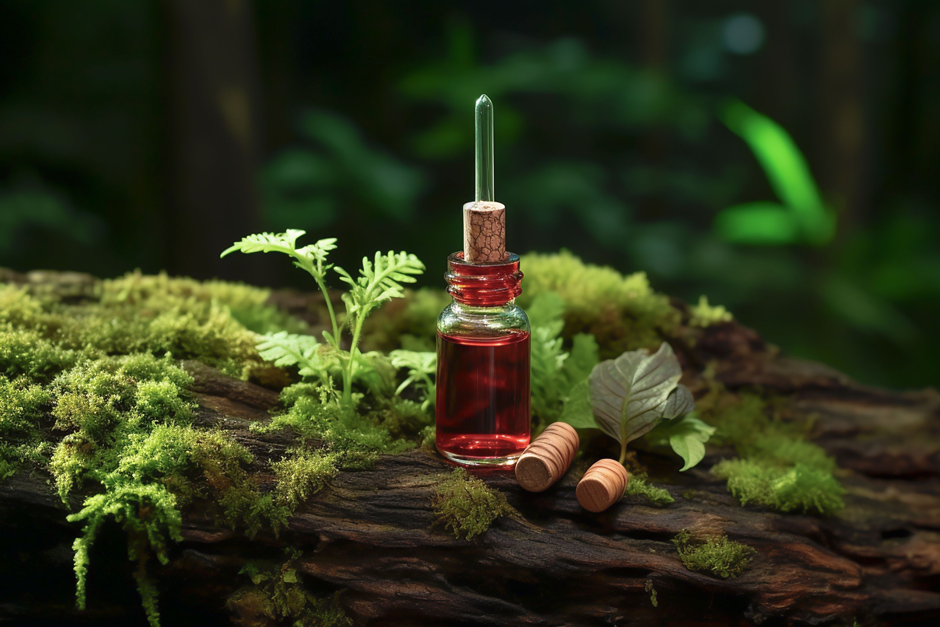 cosmetic ingredient Pycnogenol or Pinus pinaster in dark bottle stands on bark