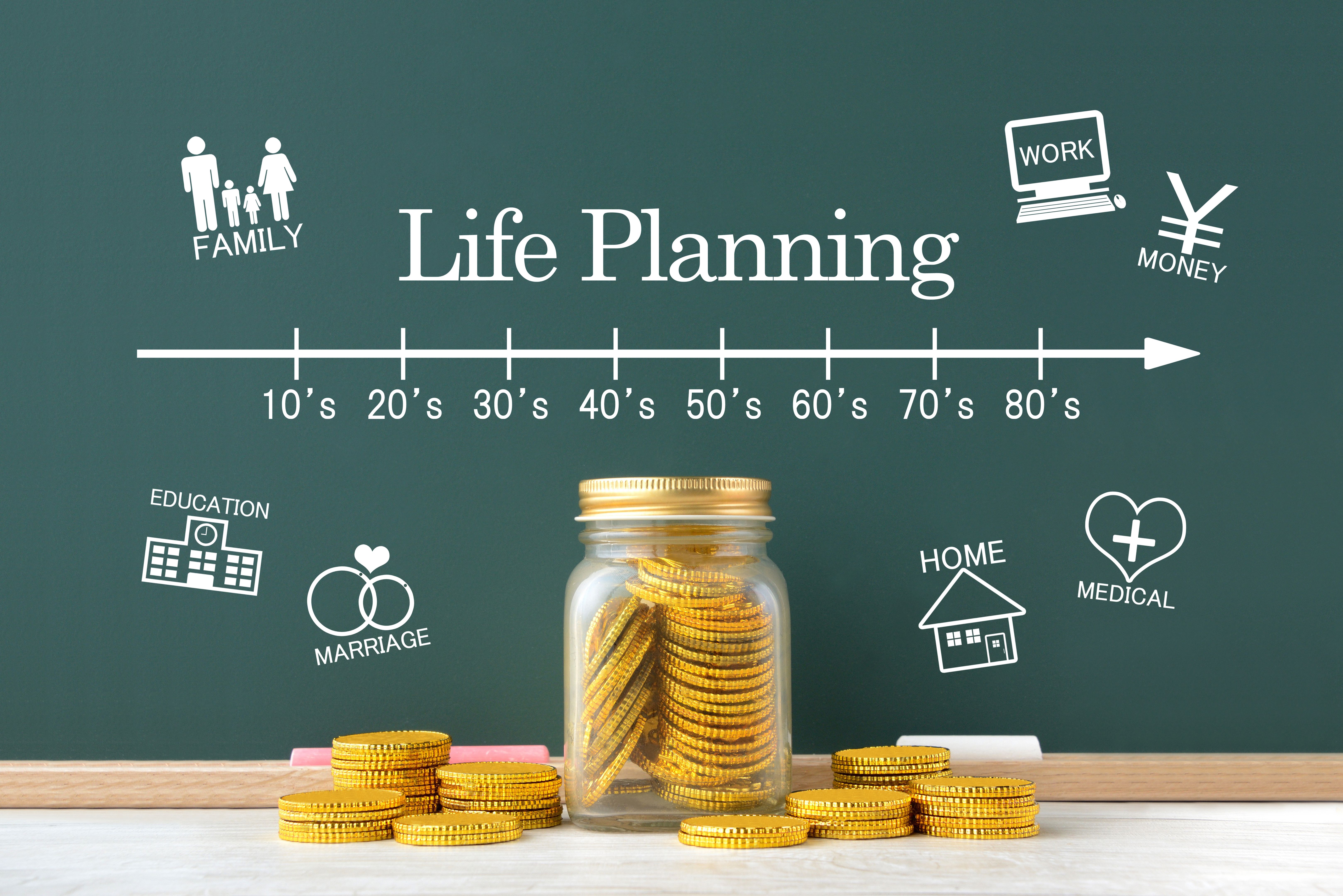 Life planning concepts, coins in bottle and generation scale