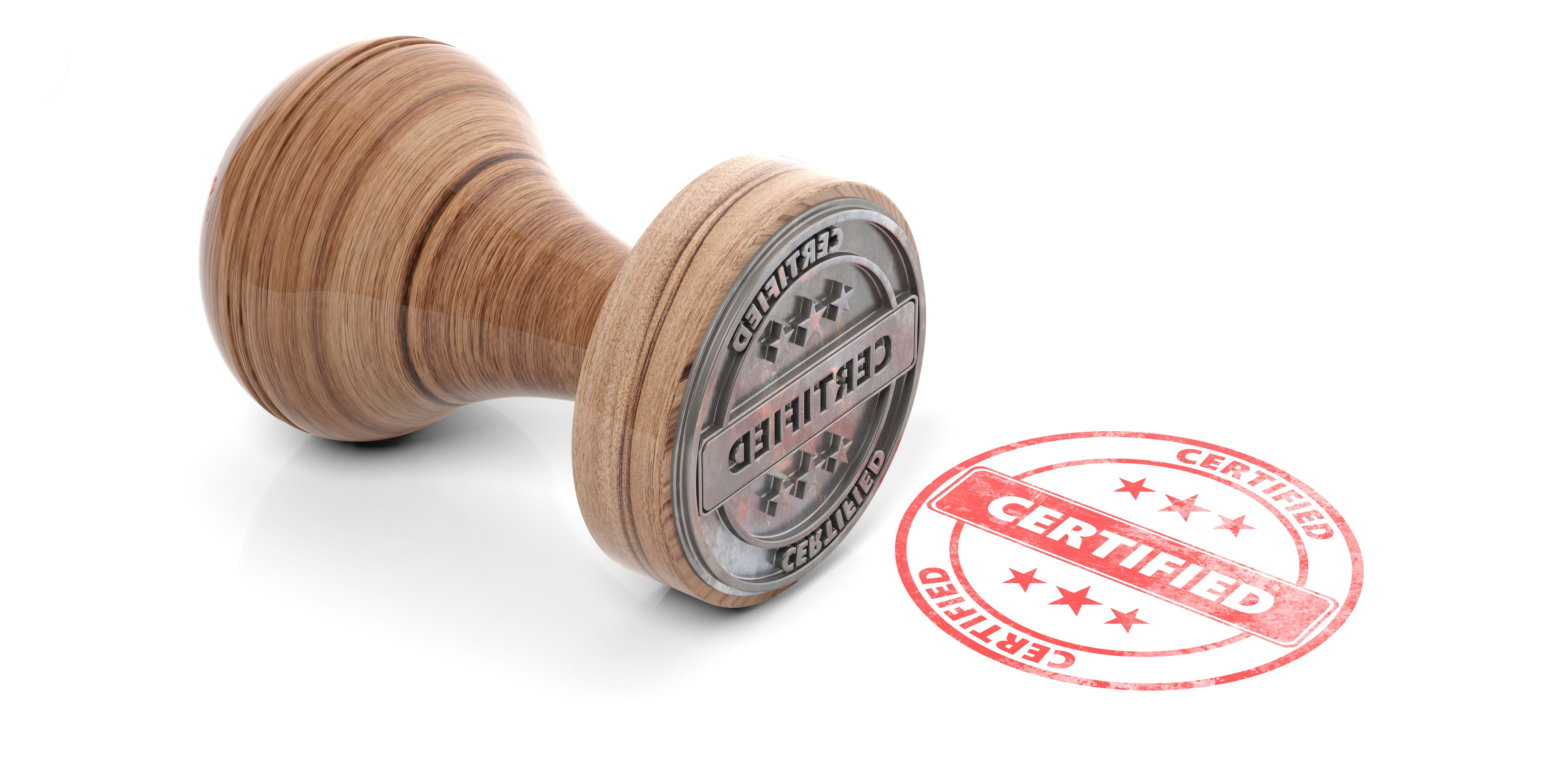 Wooden round rubber stamper and stamp with text certified isolated on white background. 3d illustration
