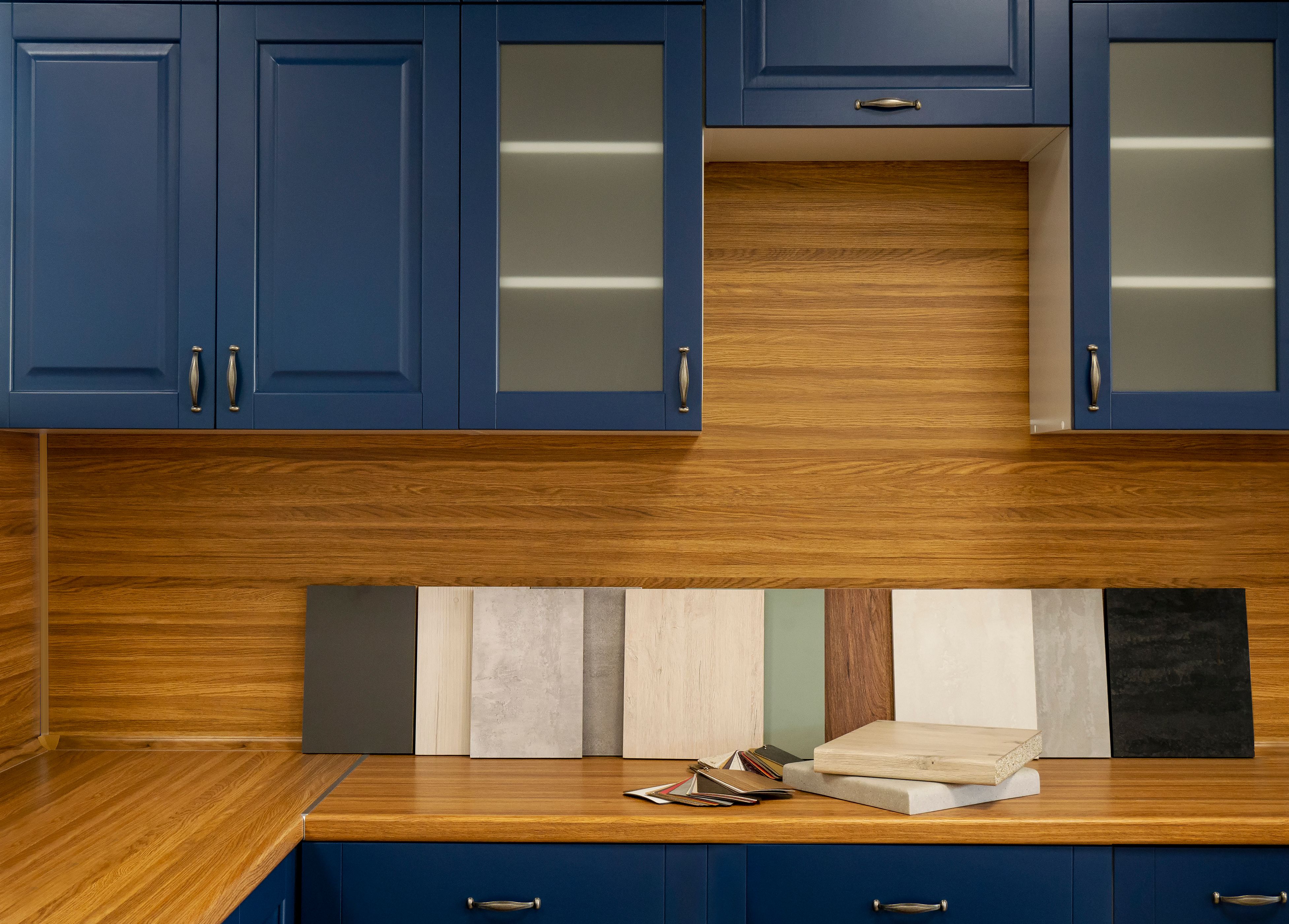Furniture production. Catalog of samples of materials for kitchen countertops, facades made of artificial stone, plastic