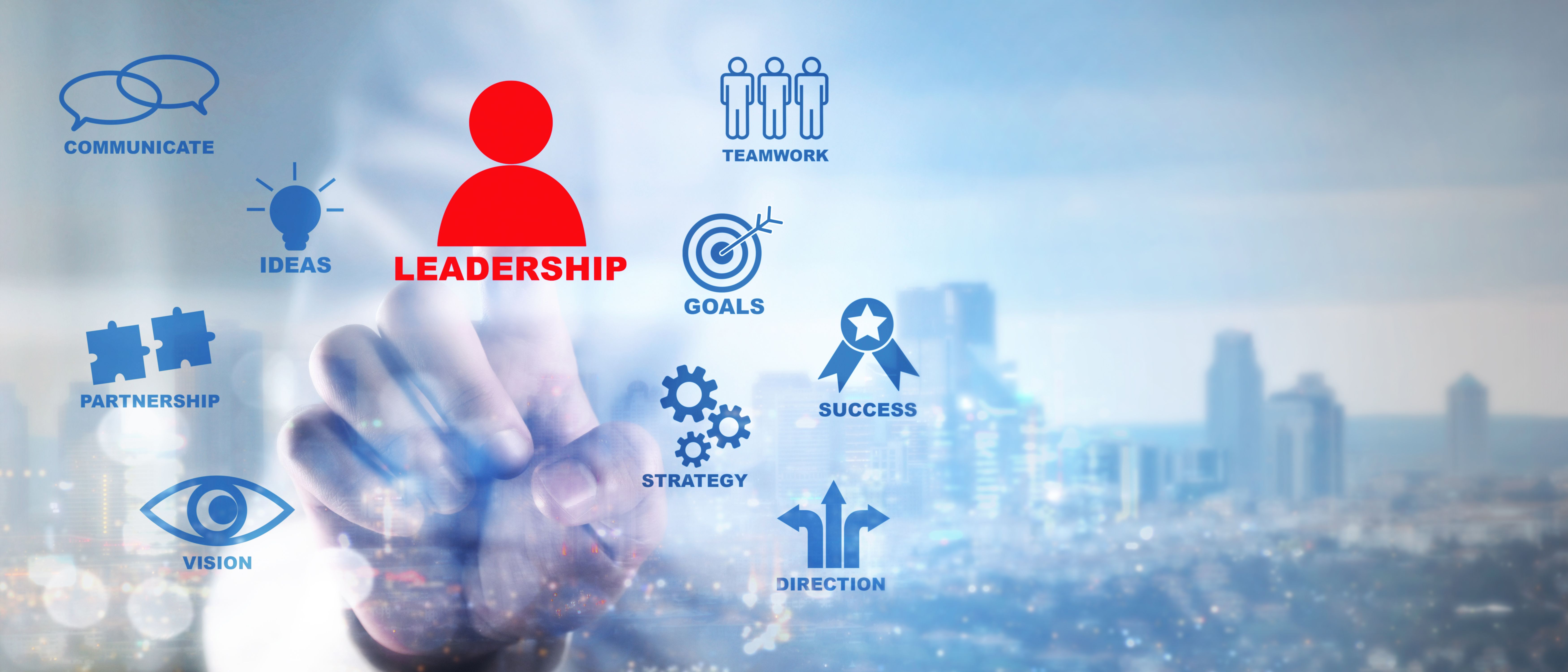 Leadership concept. Manager showing business leadership diagrams with city background