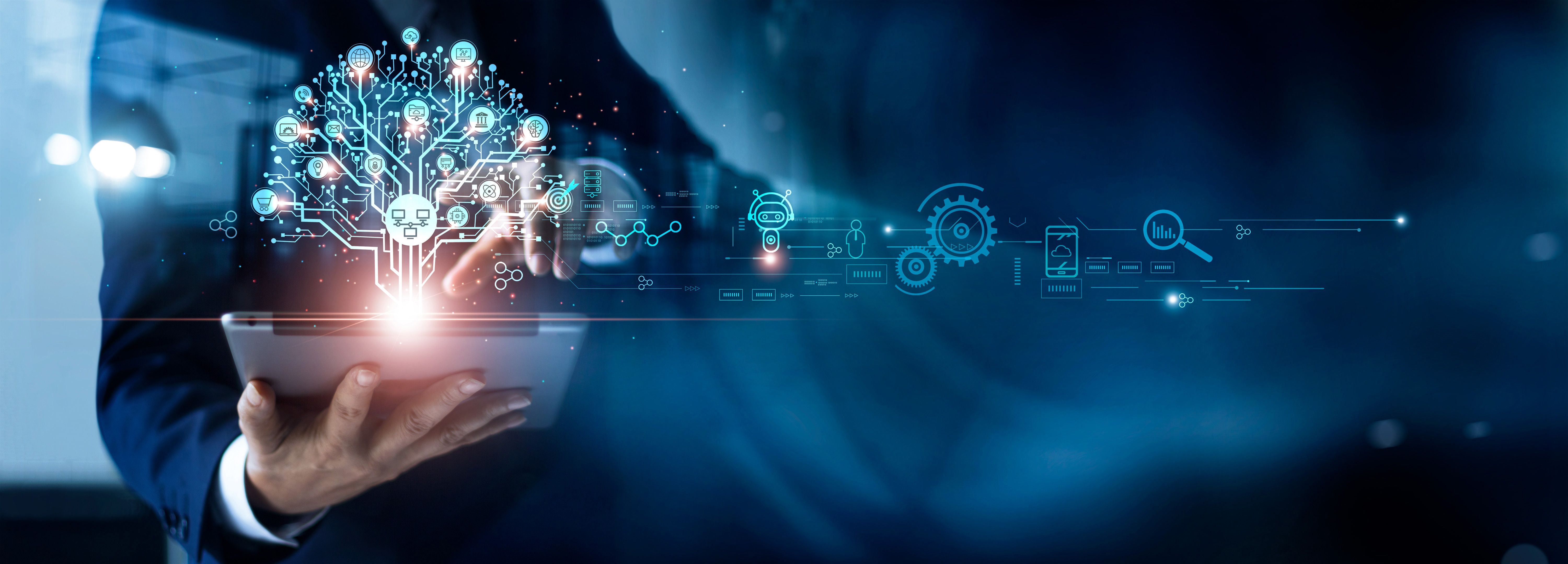 Businessman touching structure of business technology on data network to adapt implement new policies and technology to support it effectively. Enhance customer experience and stay competitive Businessman touching structure of business technology on data network to adapt implement new policies and technology to support it effectively. Enhance customer experience and stay competitive