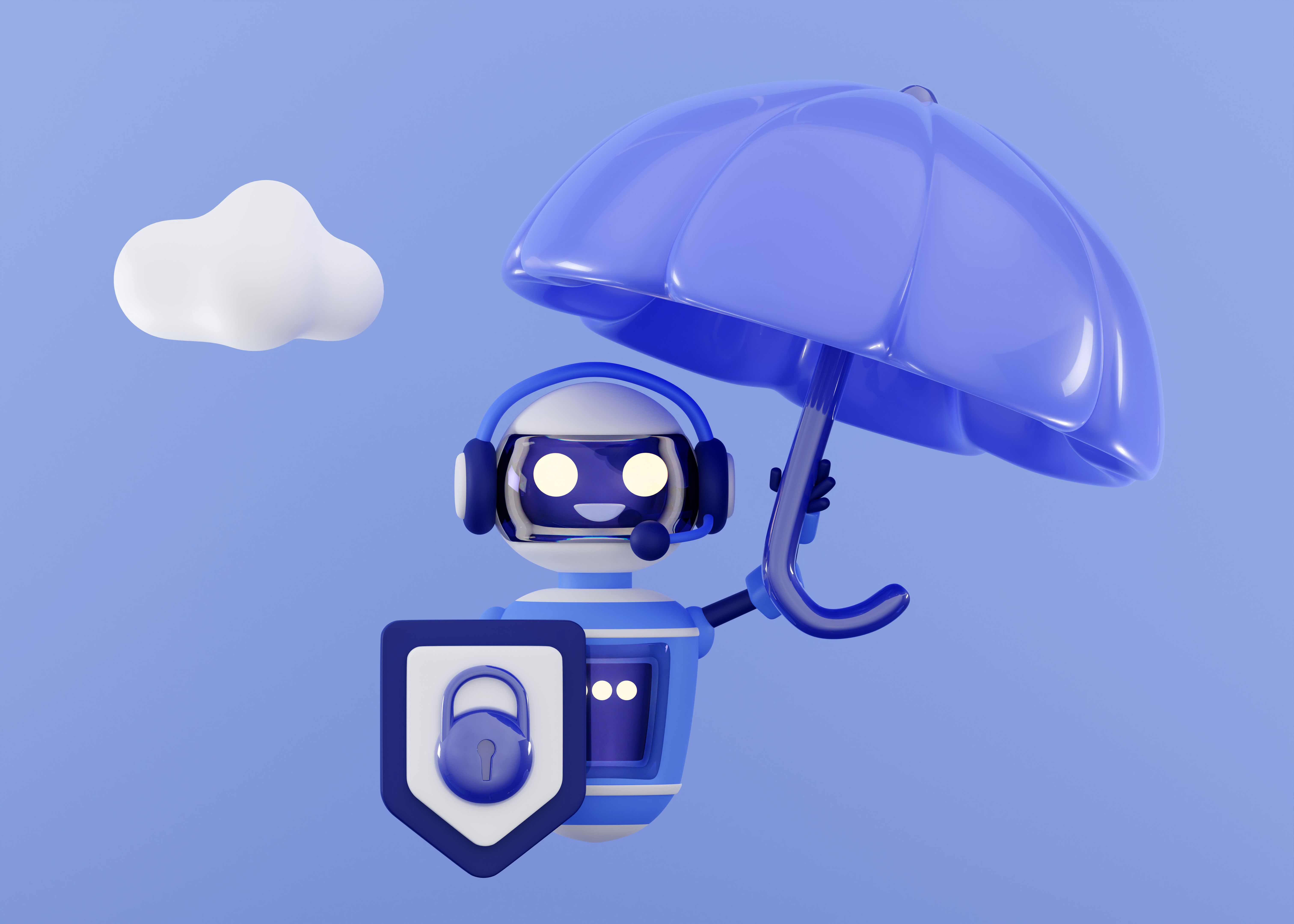 3d robot cybersecurity with with umbrella and protection padlock sign