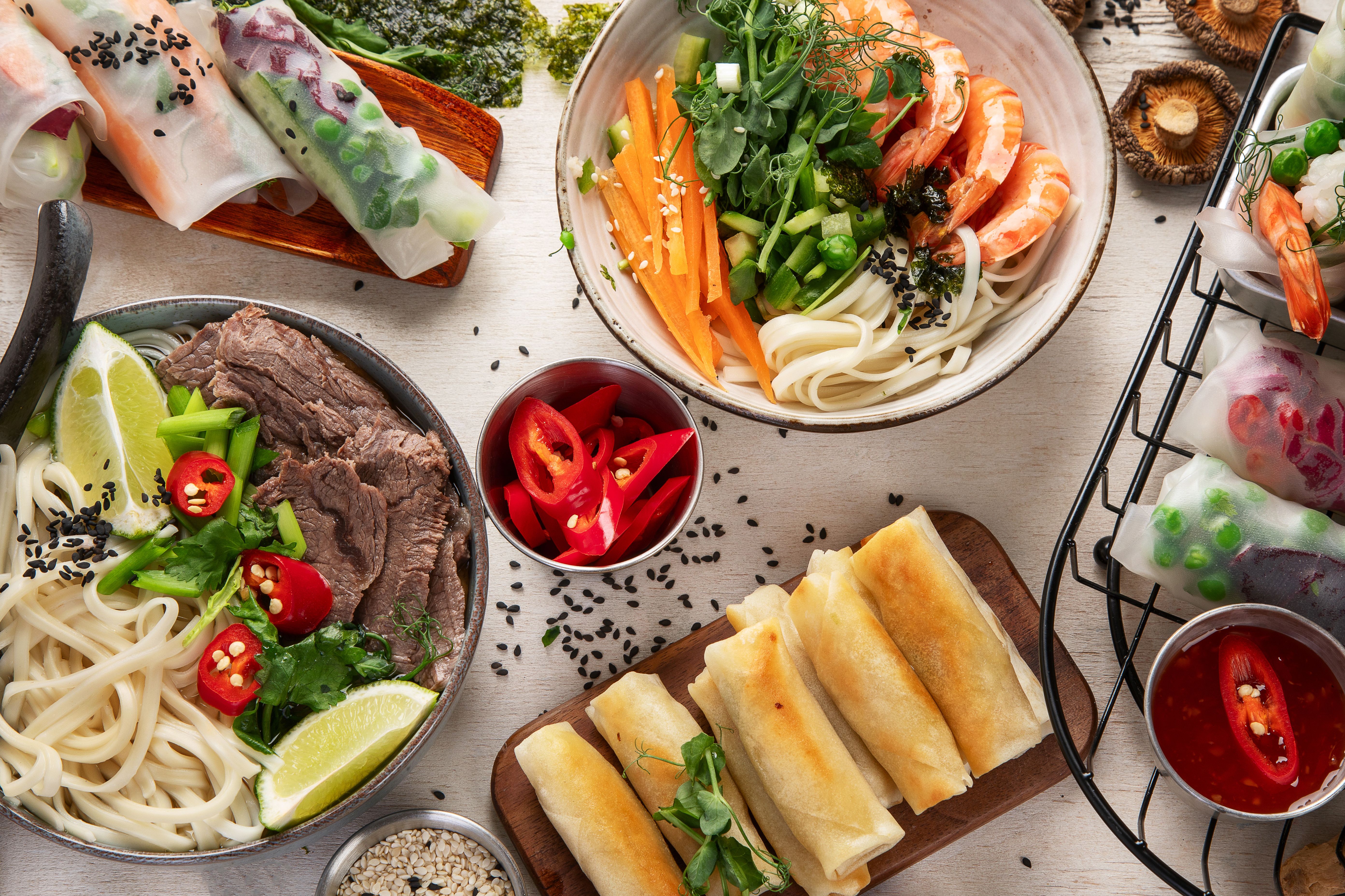 Fresh and delicius Vietnamese food table, asian food.