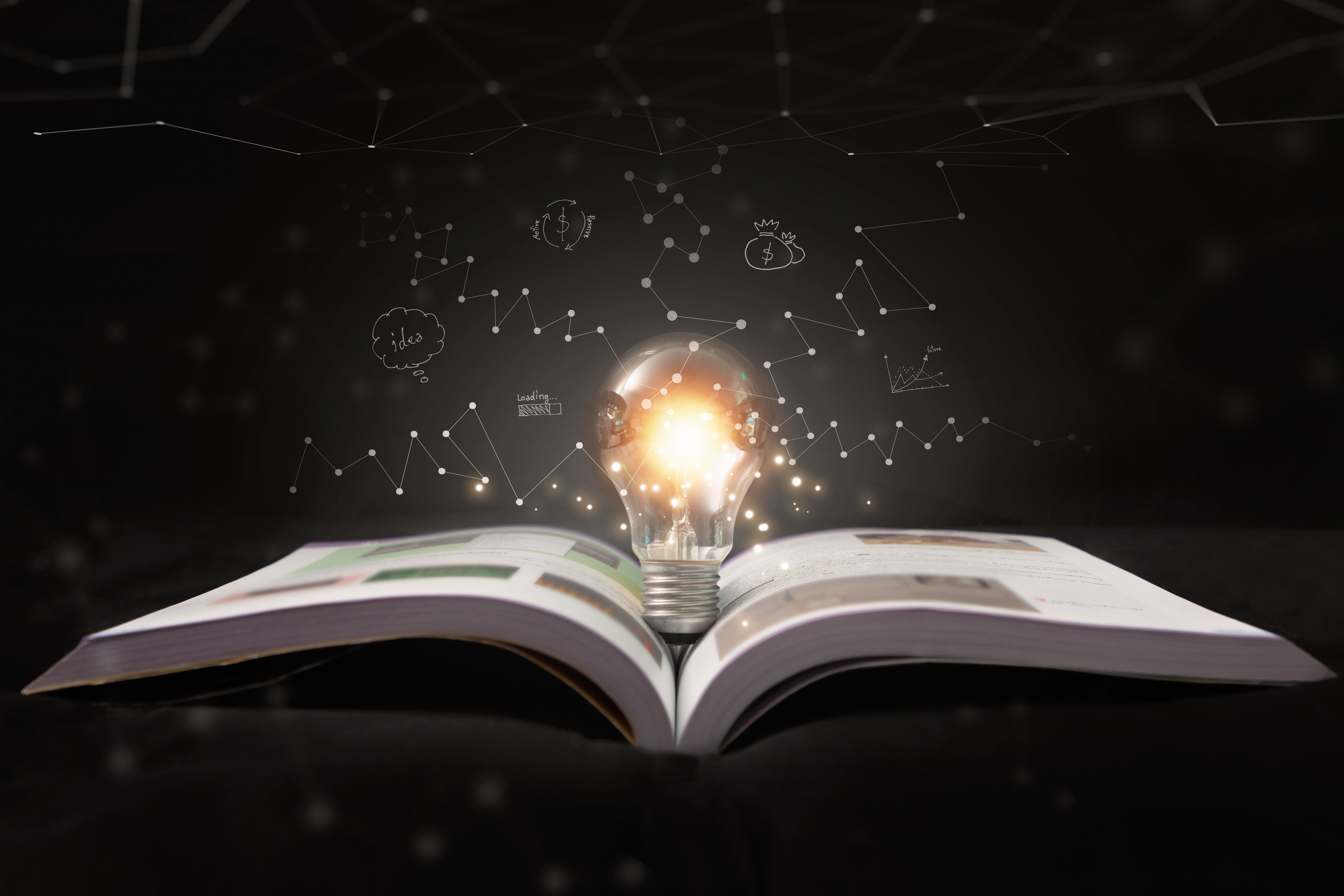 Light bulbs glowing with book. The idea of reading books, knowledge and searching for new ideas. Light bulbs glowing with book. The idea of reading books, knowledge and searching for new ideas.