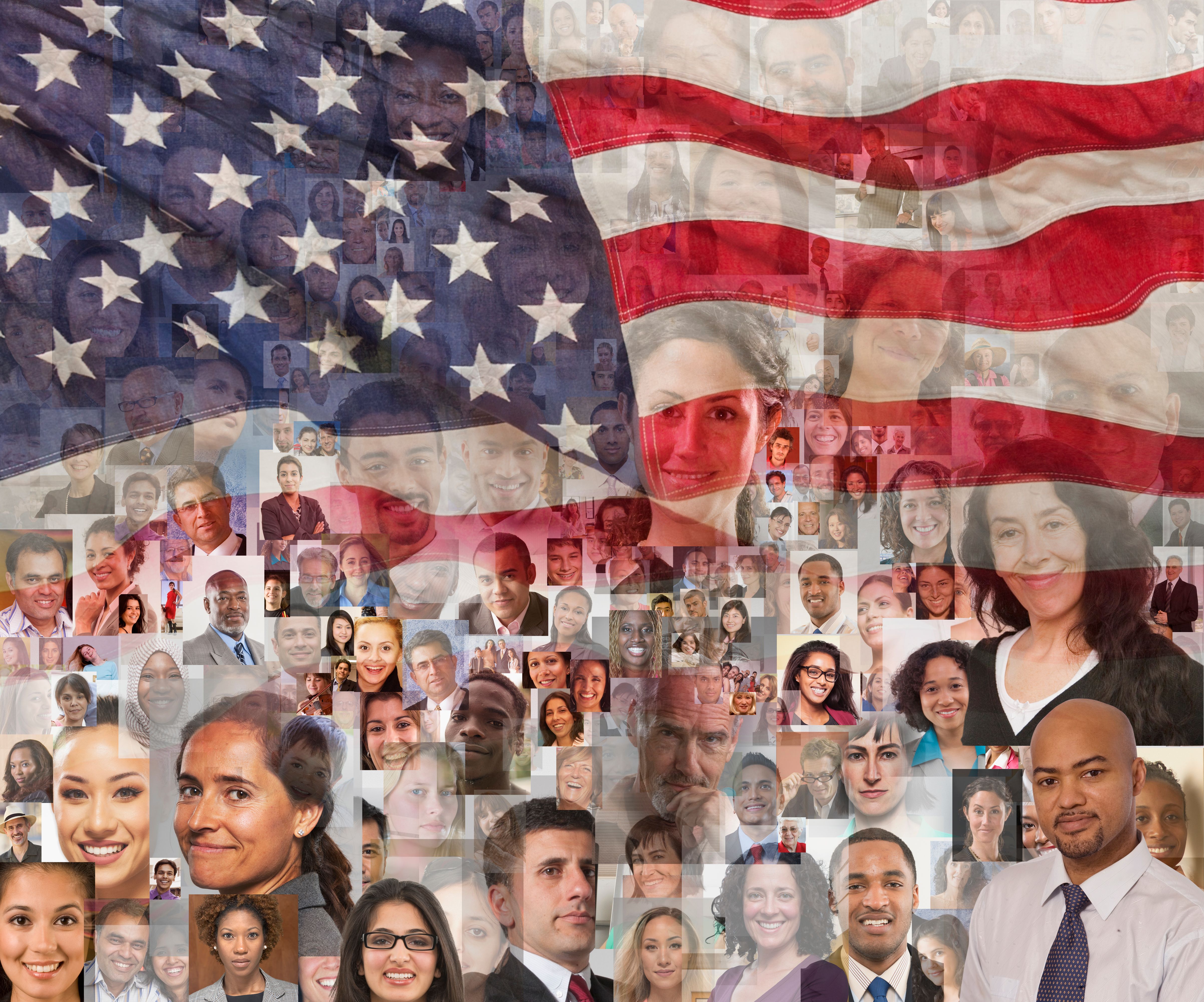 Variety of portraits and American flag