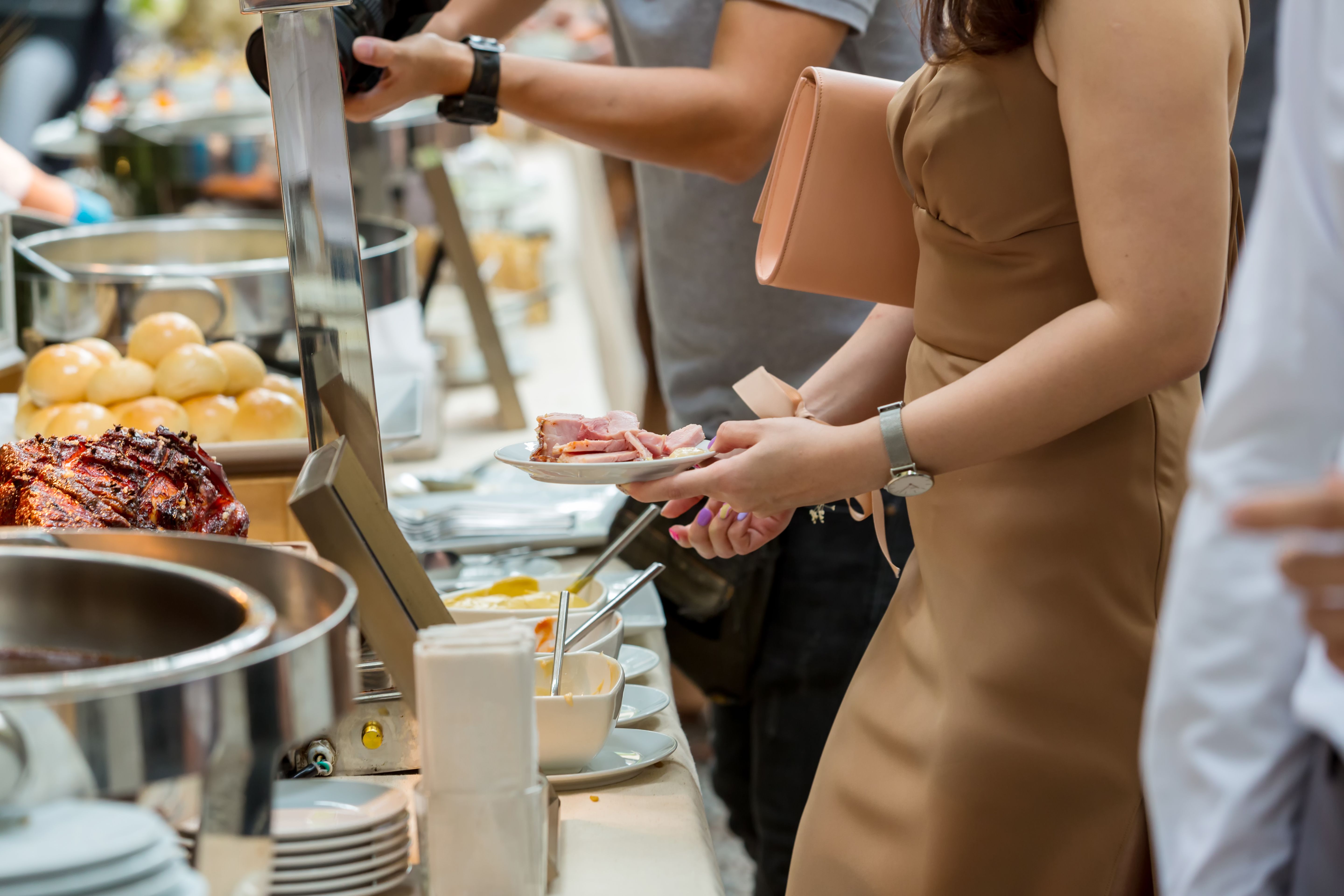 Food Buffet Catering Dining Eating Party Sharing Concept. people group catering buffet food outdoor in luxury restaurant with meat colorful fruits and vegetables Food Buffet Catering Dining Eating Party Sharing Concept. people group catering buffet food outdoor in luxury restaurant with meat colorful fruits and vegetables